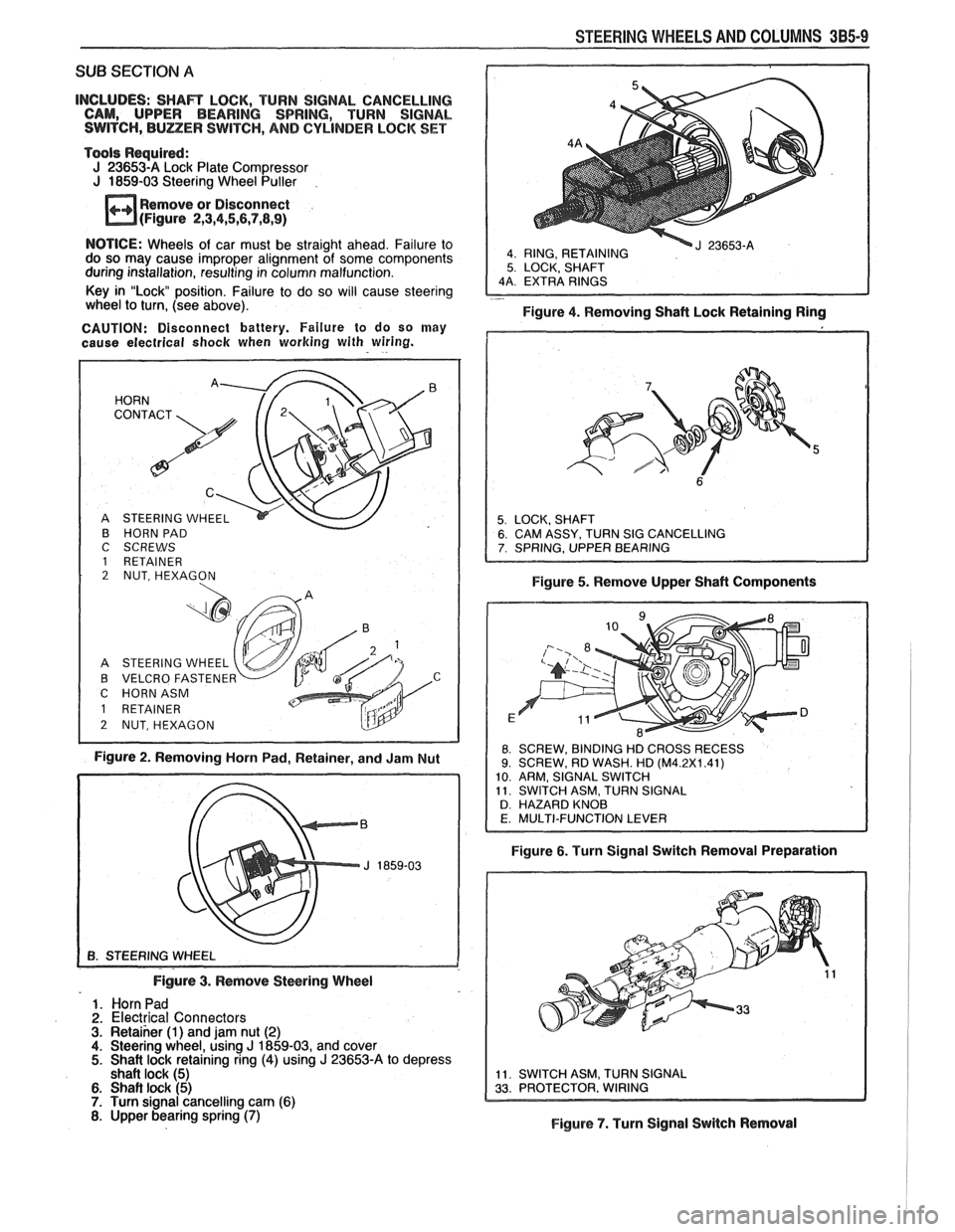 PONTIAC FIERO 1988  Service Repair Manual 
STEERING WHEELS AND COLUMNS 385-9 
SUB SECTION A 
INCLUDES: SHAR LOCK,  TURN SIGNAL CANCELLING 
CAM,  UPPER  BEARING  SPRING, TURN SIGNAL 
SWITCH, 
BULZER SWITCH, AND CYLINDER LOCK  SET 
Tools  Requi