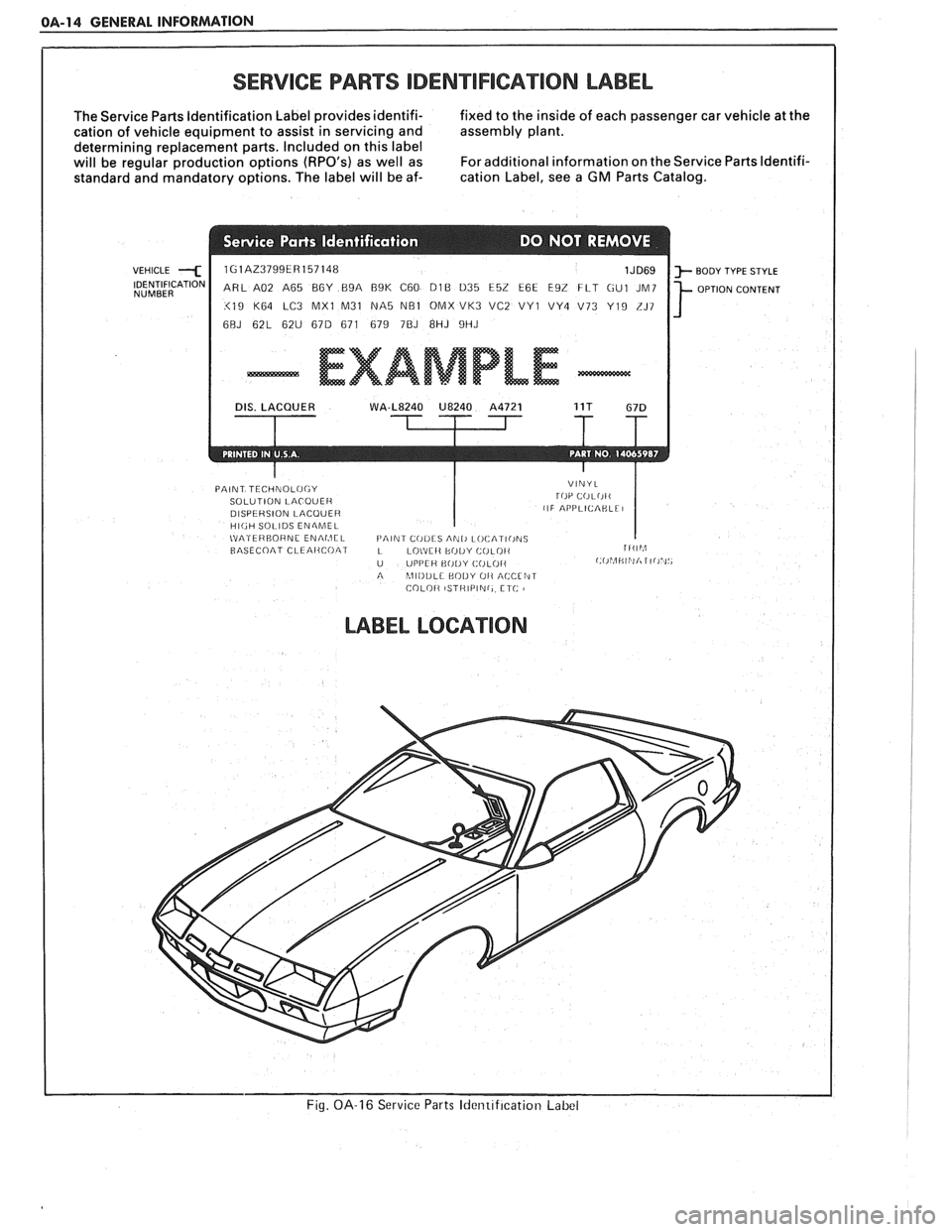 PONTIAC FIERO 1988  Service User Guide 
0.4-14 GENERAL INFORMATION 
SERVICE PARE SlDENTlFlGATlON LABEL 
The Service Parts  Identification  Label provides identifi-  fixed to the  inside  of each  passenger  car vehicle  at the 
cation  of 