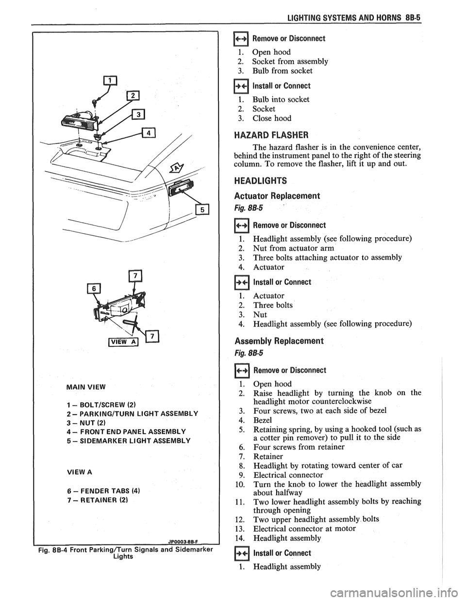 PONTIAC FIERO 1988 Service Repair Manual
I
MAIN VIEW
I
1 - BOLTISCREW (2)
2 - PARKINGITURN LIGHT ASSEMBLY
3 - NUT (2)
4 - FRONT END PANEL ASSEMBLY
5 - SIDEMARKER LIGHT ASSEMBLY
VIEW A
6 - FENDER TABS (4)
7 - RETAINER (2)
Fig. PONTIAC FIERO 1988 Service Repair Manual
I
MAIN VIEW
I
1 - BOLTISCREW (2)
2 - PARKINGITURN LIGHT ASSEMBLY
3 - NUT (2)
4 - FRONT END PANEL ASSEMBLY
5 - SIDEMARKER LIGHT ASSEMBLY
VIEW A
6 - FENDER TABS (4)
7 - RETAINER (2)
Fig.