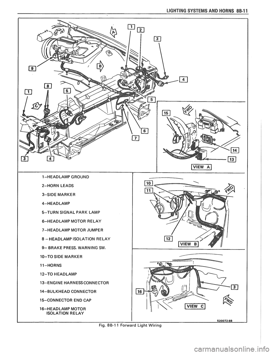 PONTIAC FIERO 1988 Service Repair Manual
LIGHTING SYSTEMS AND HORNS 8B-11
2-HORN LEADS 3-SIDE MARKER
4-HEADLAMP
%-TURN SIGNAL PARK LAMP
6-HEADLAMP MOTOR RELAY
7-HEADLAMP MOTOR JUMPER
8 -HEADLAMP ISOLATION RELAY
9- BRAKE PRESS. PONTIAC FIERO 1988 Service Repair Manual
LIGHTING SYSTEMS AND HORNS 8B-11
2-HORN LEADS 3-SIDE MARKER
4-HEADLAMP
%-TURN SIGNAL PARK LAMP
6-HEADLAMP MOTOR RELAY
7-HEADLAMP MOTOR JUMPER
8 -HEADLAMP ISOLATION RELAY
9- BRAKE PRESS.