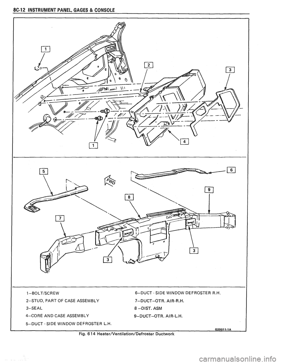 PONTIAC FIERO 1988 Service Repair Manual
2-STUD, PART OF CASE ASSEMBLY
3-SEAL 7-DUCT-OTR.
AIR-R.H.
8 -DIST. ASM
4-CORE AND CASE ASSEMBLY
9-DUCT-OTR. AI R-L.H.
5-DUCT - SIDE WINDOW DEFROSTER L.H. I
Fig. 6 14 Heater/Ventilation/De PONTIAC FIERO 1988 Service Repair Manual
2-STUD, PART OF CASE ASSEMBLY
3-SEAL 7-DUCT-OTR.
AIR-R.H.
8 -DIST. ASM
4-CORE AND CASE ASSEMBLY
9-DUCT-OTR. AI R-L.H.
5-DUCT - SIDE WINDOW DEFROSTER L.H. I
Fig. 6 14 Heater/Ventilation/De