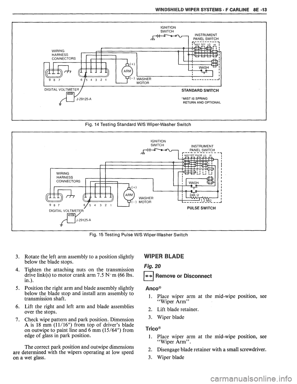 PONTIAC FIERO 1988 Service Repair Manual
WINDSHIELD WIPER SYSTEMS - F CARLINE 8E -13
MIST IS SPRING
RETURN AND OPTIONAL
Fig. 14 Testing Standard WIS Wiper-Washer Switch
Fig.
15 Testing Pulse WIS Wiper-Washer Switch
3. Rotate the PONTIAC FIERO 1988 Service Repair Manual
WINDSHIELD WIPER SYSTEMS - F CARLINE 8E -13
MIST IS SPRING
RETURN AND OPTIONAL
Fig. 14 Testing Standard WIS Wiper-Washer Switch
Fig.
15 Testing Pulse WIS Wiper-Washer Switch
3. Rotate the
