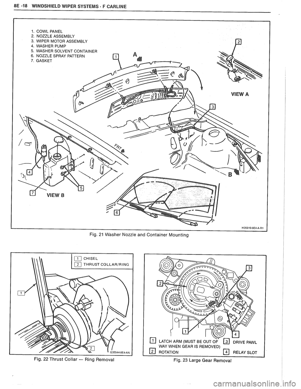 PONTIAC FIERO 1988 Service Repair Manual
8E -18 WINDSHIELD WIPER SYSTEMS. F CAWLINE
1. COWL PANEL 2. NOZZLE ASSEMBLY
3. WIPER MOTOR ASSEMBLY
4. WASHER PUMP
5. WASHER SOLVENT CONTAINER 6. NOZZLE SPRAY PATTERN
7. GASKET
Fig. 21 Wash PONTIAC FIERO 1988 Service Repair Manual
8E -18 WINDSHIELD WIPER SYSTEMS. F CAWLINE
1. COWL PANEL 2. NOZZLE ASSEMBLY
3. WIPER MOTOR ASSEMBLY
4. WASHER PUMP
5. WASHER SOLVENT CONTAINER 6. NOZZLE SPRAY PATTERN
7. GASKET
Fig. 21 Wash
