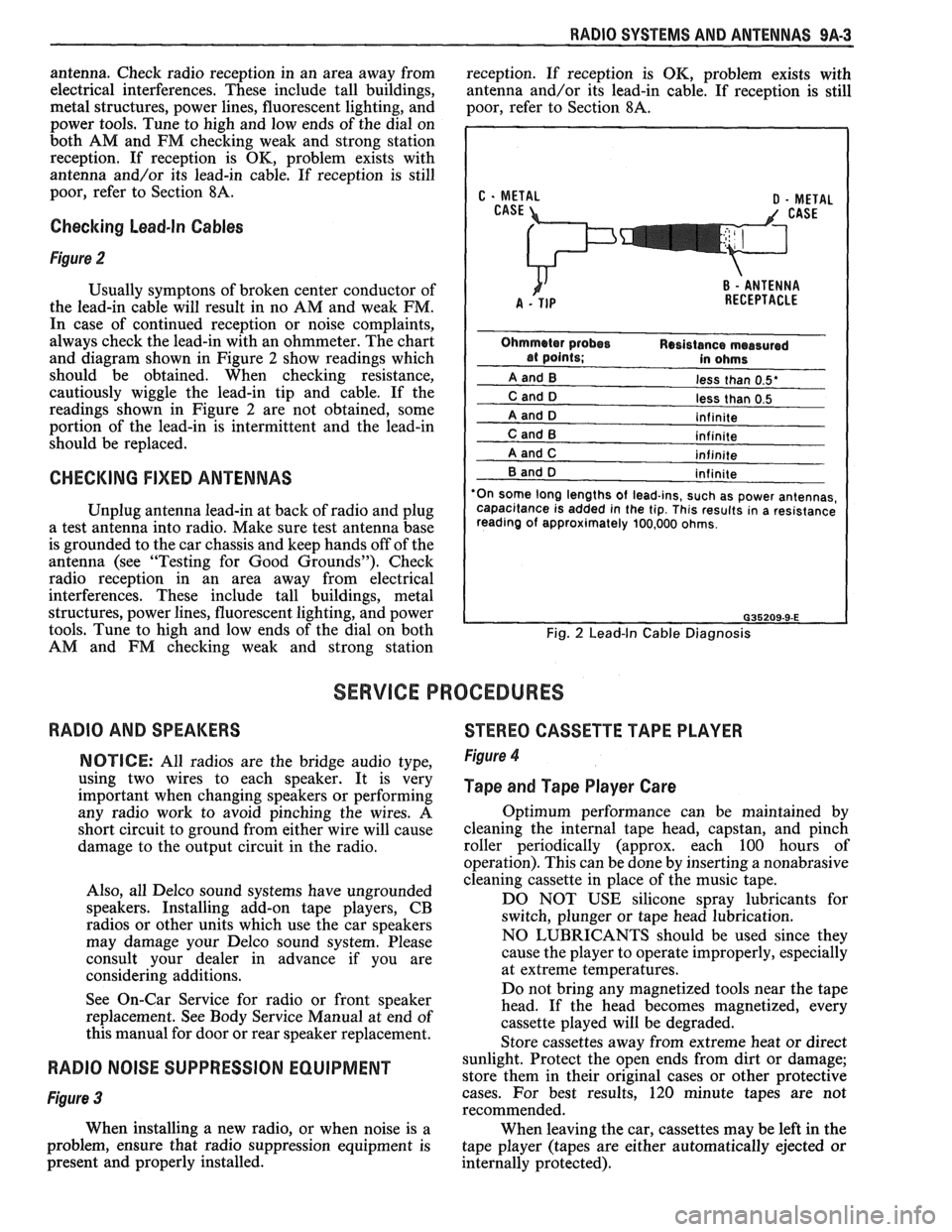 PONTIAC FIERO 1988 Service Workshop Manual
RADIO SYSTEMS AND ANTENNAS 9A-3
antenna. Check radio reception in an area away from
reception. If reception is OK, problem exists with
electrical interferences. These include tall b PONTIAC FIERO 1988 Service Workshop Manual
RADIO SYSTEMS AND ANTENNAS 9A-3
antenna. Check radio reception in an area away from
reception. If reception is OK, problem exists with
electrical interferences. These include tall b