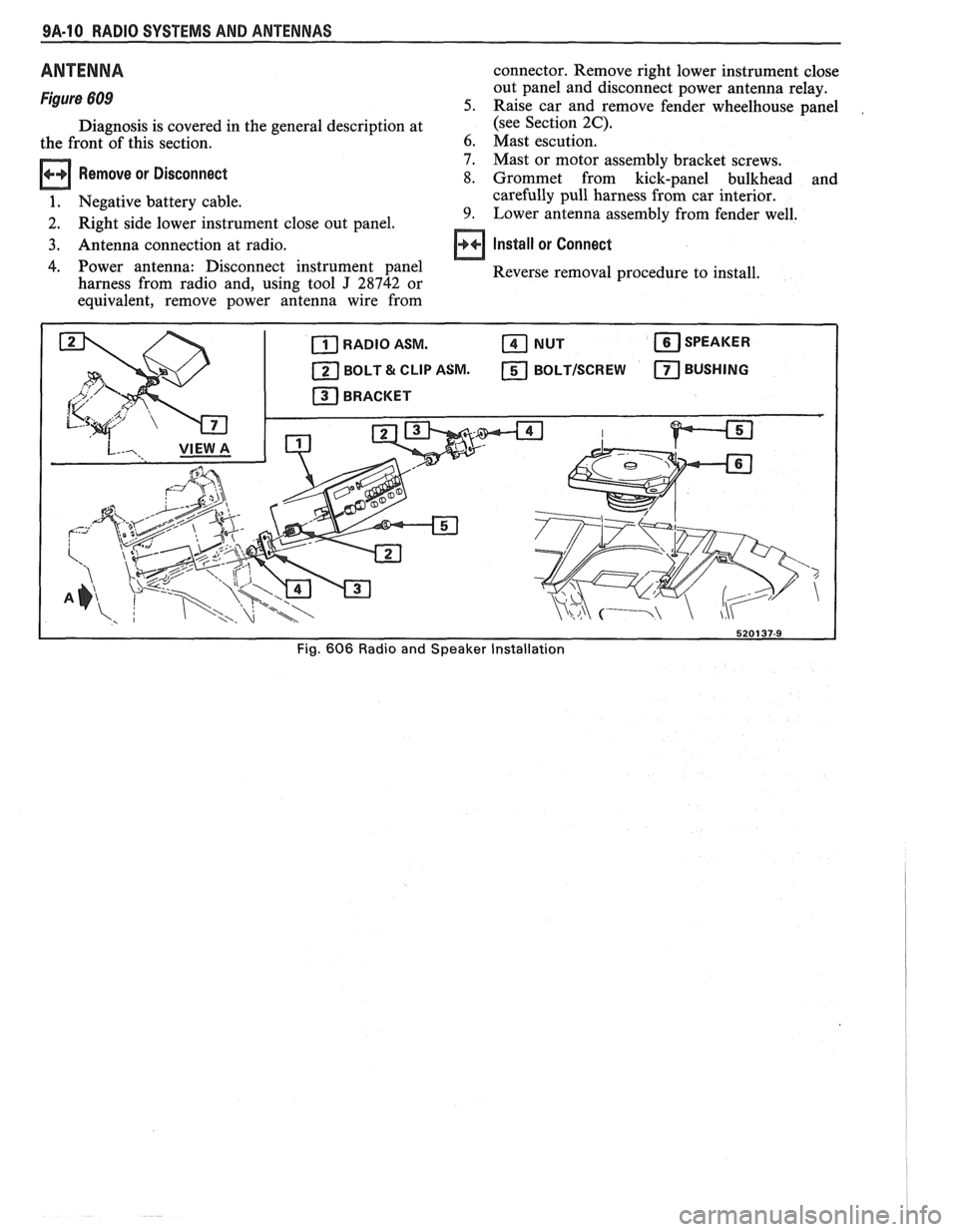 PONTIAC FIERO 1988 Service Repair Manual
9A-10 RADIO SYSTEMS AND ANTENNAS
ANTENNA
Figure 609
Diagnosis is covered in the general description at
the front of this section.
Remove or Disconnect
1. Negative battery cable.
2. Ri PONTIAC FIERO 1988 Service Repair Manual
9A-10 RADIO SYSTEMS AND ANTENNAS
ANTENNA
Figure 609
Diagnosis is covered in the general description at
the front of this section.
Remove or Disconnect
1. Negative battery cable.
2. Ri