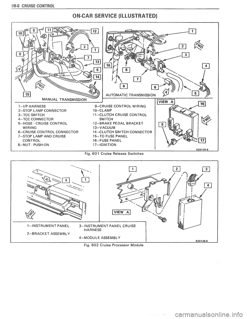 PONTIAC FIERO 1988 Service Repair Manual
BB-8 CRUISE CONTROL
ON-CAR SERVICE (ILLUSTRAEED)
2-BRACKET ASSEMBLY 4-MODULE ASSEMBLY
Fig. 602 Cruise Processor Module PONTIAC FIERO 1988 Service Repair Manual
BB-8 CRUISE CONTROL
ON-CAR SERVICE (ILLUSTRAEED)
2-BRACKET ASSEMBLY 4-MODULE ASSEMBLY
Fig. 602 Cruise Processor Module