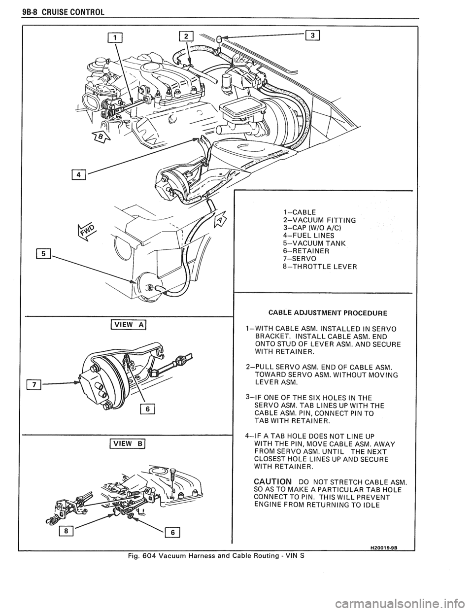 PONTIAC FIERO 1988 Service Repair Manual
9B-8 CRUISE CONTROL
( VIEW BI
CABLE ADJUSTMENT PROCEDURE
1-WITH CABLE ASM. INSTALLED IN SERVO
BRACKET. INSTALL CABLE ASM. END
ONTO STUD OF LEVER ASM. AND SECURE
WlTH RETAINER.
2-PULL SE PONTIAC FIERO 1988 Service Repair Manual
9B-8 CRUISE CONTROL
( VIEW BI
CABLE ADJUSTMENT PROCEDURE
1-WITH CABLE ASM. INSTALLED IN SERVO
BRACKET. INSTALL CABLE ASM. END
ONTO STUD OF LEVER ASM. AND SECURE
WlTH RETAINER.
2-PULL SE
