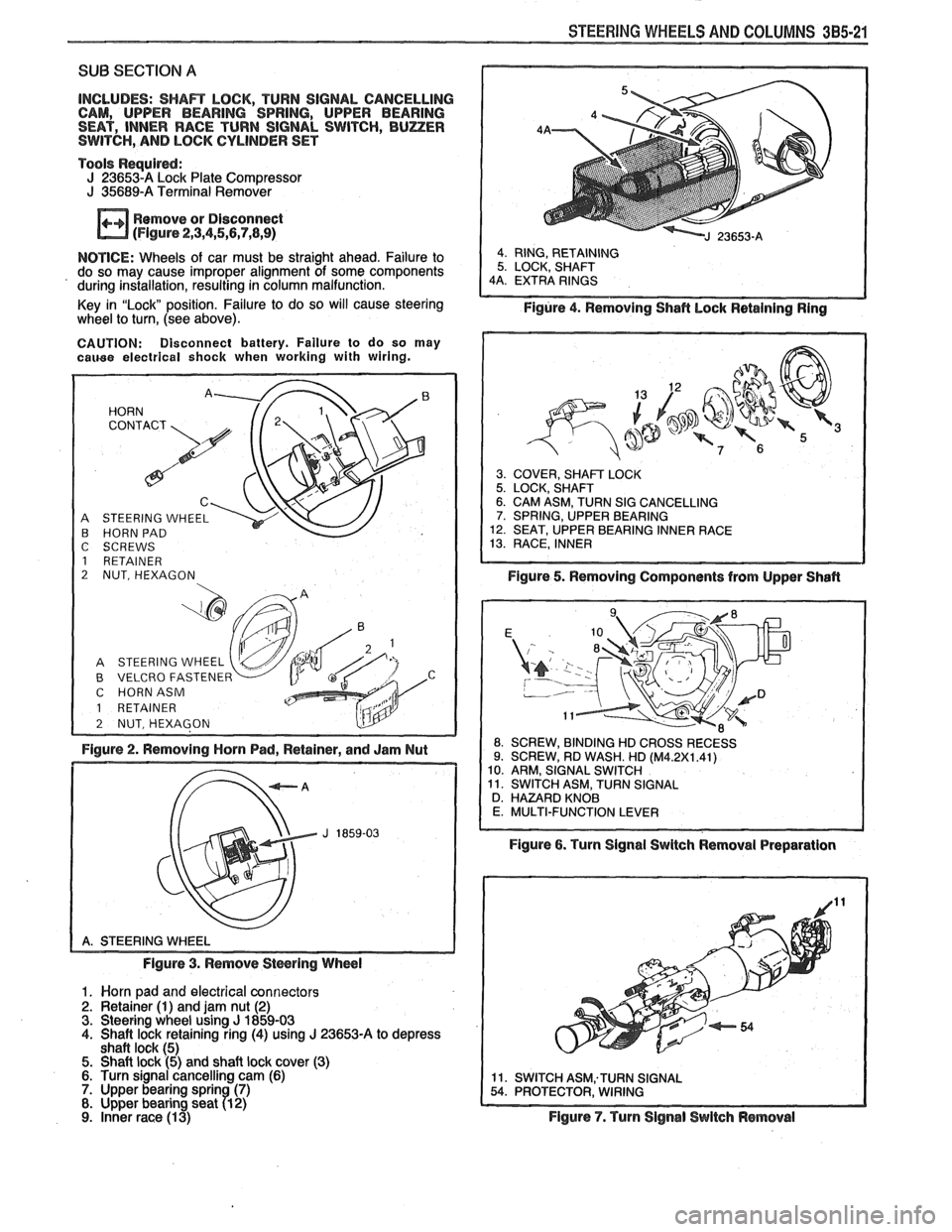 PONTIAC FIERO 1988  Service Repair Manual 
STEERING WHEELS AND COLUMNS 385-21 
SUB SECTION A 
INCLUDES: SHAR LOCK, TURN SIGNAL  CANCELLING 
CAM,  UPPER  BEARING  SPRING, UPPER BEARING 
SEAT,  INNER  RACE  TURN  SIGNAL  SWITCH, 
BUZER SWITCH, 
