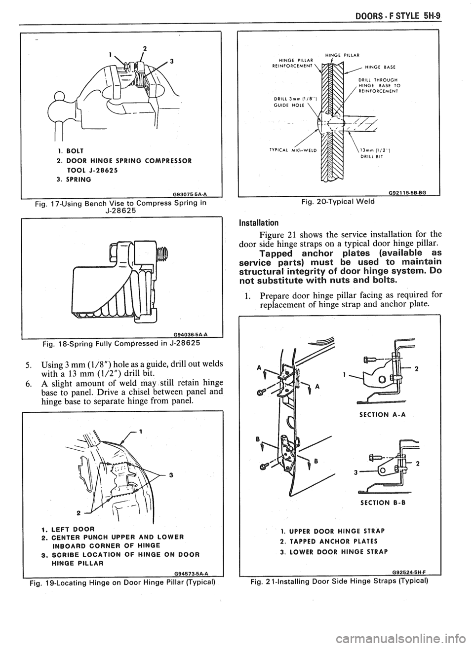 PONTIAC FIERO 1988  Service Repair Manual 
1. BOLT 
2. DOOR HlNGE  SPRING  COMPRESSOR 
TOOL 
5-28625 
3. SPRING 
Fig.  18-Spring  Fully Compressed  in J-28625 
5. Using  3 mm (1/8") hole  as a guide,  drill out  welds 
with  a 13  mm 
(1/2") 