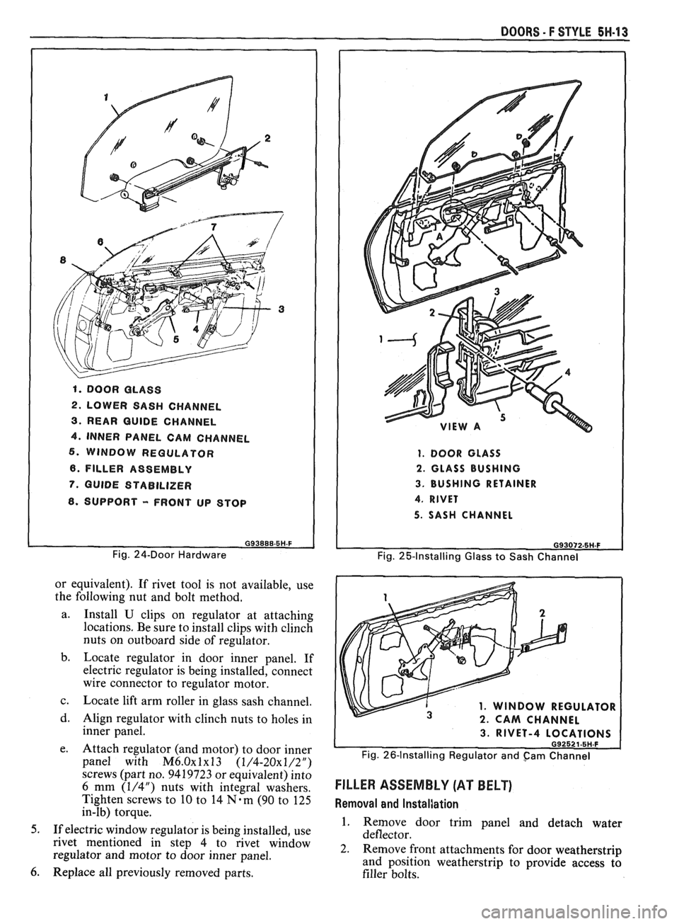 PONTIAC FIERO 1988  Service Repair Manual 
1. DOOR  GLASS 
2. LOWER SASH CHANNEL 
3. REAR  GUIDE  CHANNEL 
4. INNER PANEL  CAM CHANNEL 
6. WINDOW  REGULATOR 
6. FILLER ASSEMBLY 
7. GUIDE STABILIZER 
8. SUPPORT - FRONT UP STOP 
G93888-5H-F 
Fi
