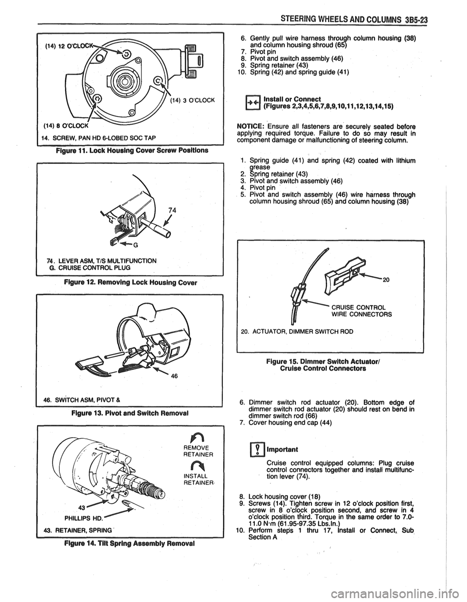 PONTIAC FIERO 1988  Service Repair Manual 
STEERING WHEELS AND COLUMNS 385.23 
Figure 11. Lock Housing Cover Screw Positions 
74. LEVER ASM, TIS MULTIFUNCTION I G. CRUISE CONTROL  PLUG 
Figure 12. Removing Lock Housing  Cover 
1 46. SWITCH AS