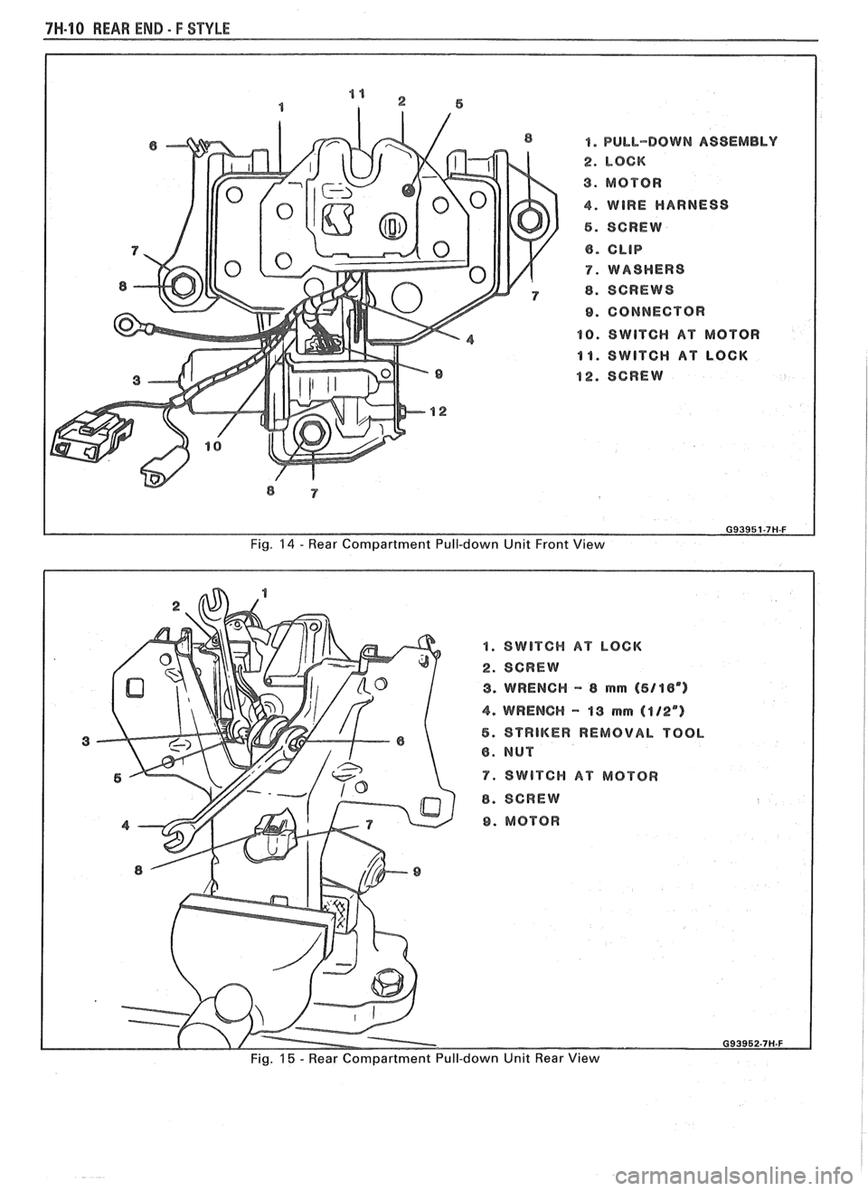 PONTIAC FIERO 1988  Service Repair Manual 
7H.10 REAR END - F STYLE 
PULL-DOWN ASSEMBLY 
LOCK 
MOTOR 
WIRE HARNESS 
SCREW 
CLIP 
WASHERS  
SCREWS  
CONNECT 
QR 
SWITCH AT MOTOR 
SWITCH AT LOCK 
SCREW 
Fig. 14 - Wear  Compartment  Pull-down  U
