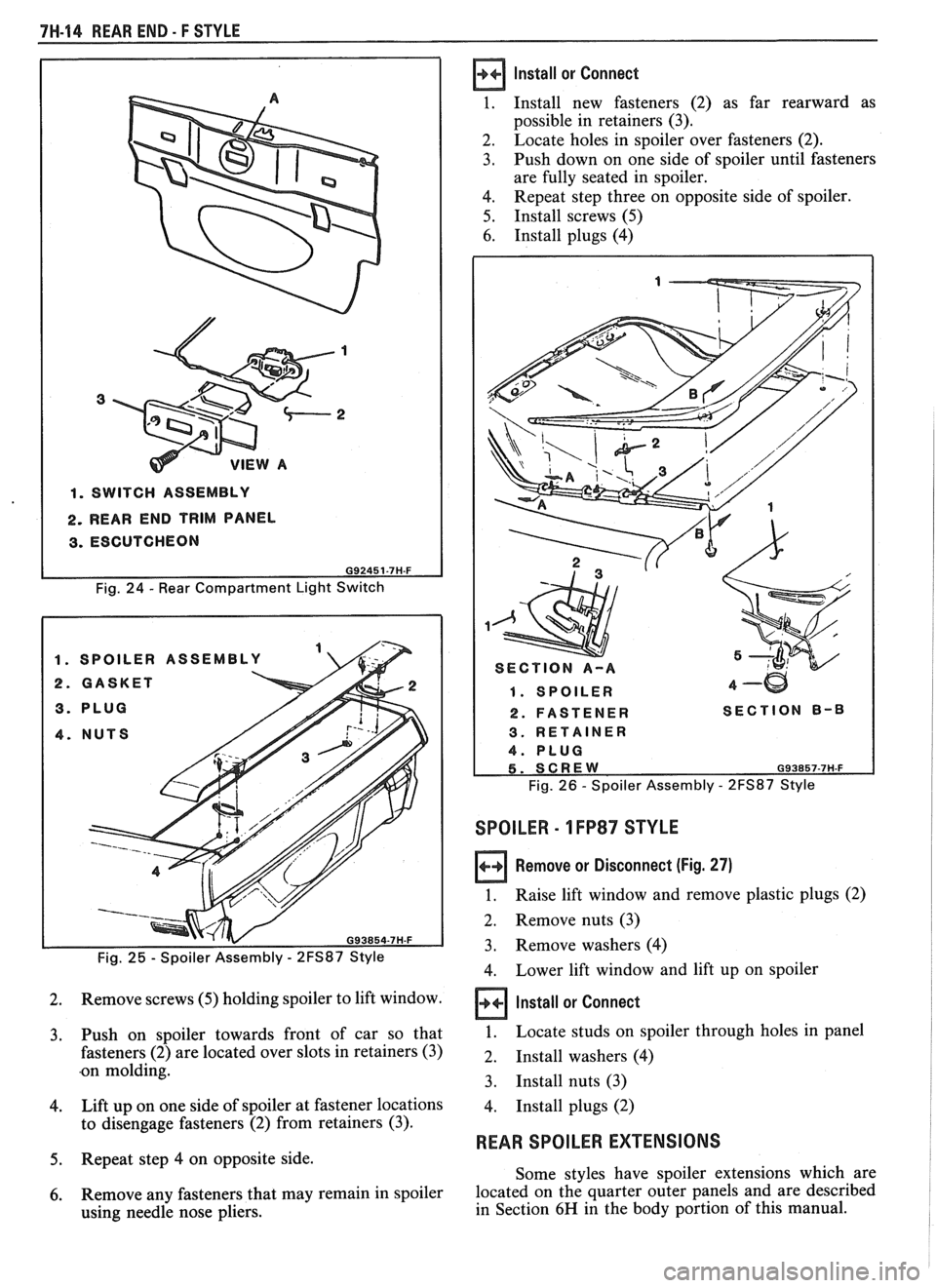 PONTIAC FIERO 1988  Service Repair Manual 
7H-14 REAR END - F STYLE 
1. SWITCH ASSEMBLY 
2. REAR END TRIM PANEL 
3. ESCUTCHEON 
Fig. 24 - Rear  Compartment  Light Switch 
Fig. 
25 - Spoiler  Assembly - 2FS87 Style 
2. Remove screws (5) holdin