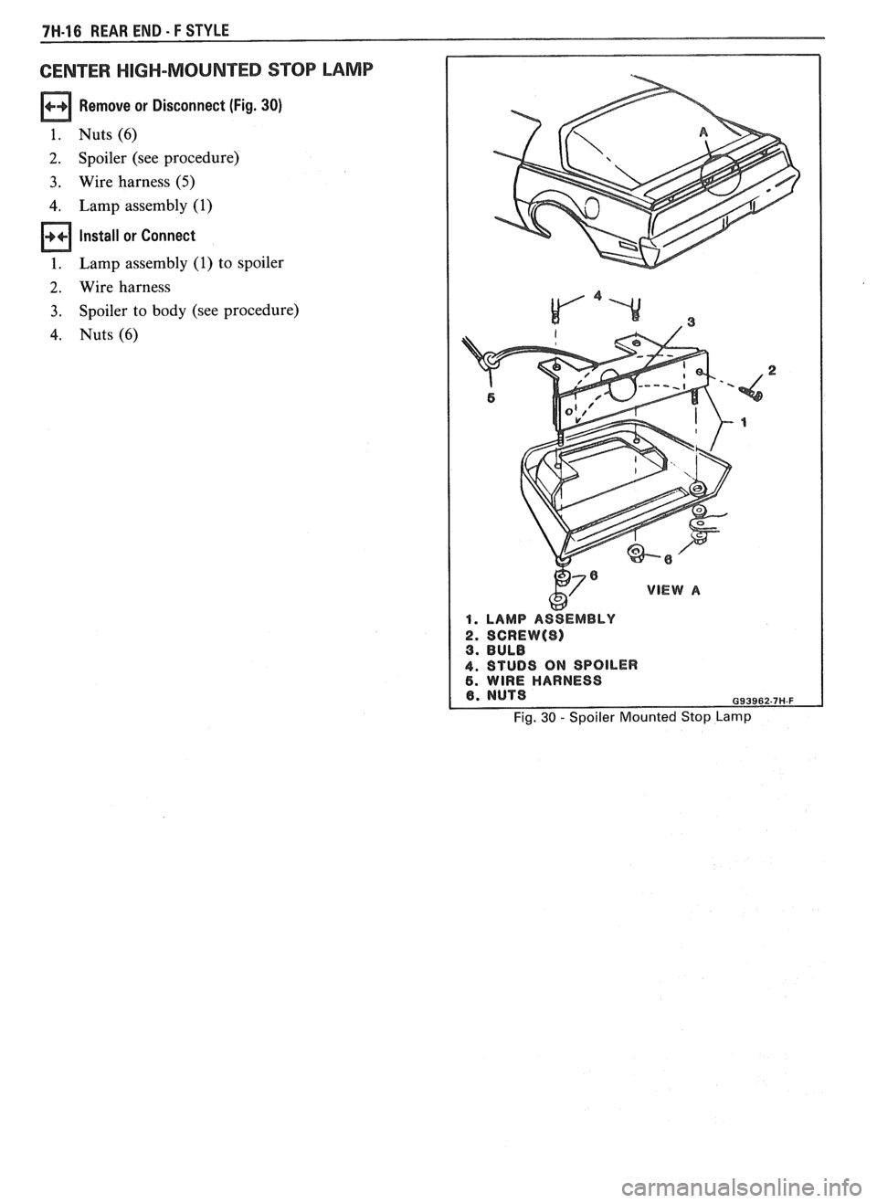 PONTIAC FIERO 1988  Service Repair Manual 
7H-16 REAR END - F STYLE 
CENTER HIGH-MOUNTED STOP LAMP 
Remove  or Disconnect (Fig. 30) 
1. Nuts(6) 
2. Spoiler  (see procedure) 
3. Wire harness (5) 
4. Lamp  assembly (1) 
Install  or Connect 
1. 