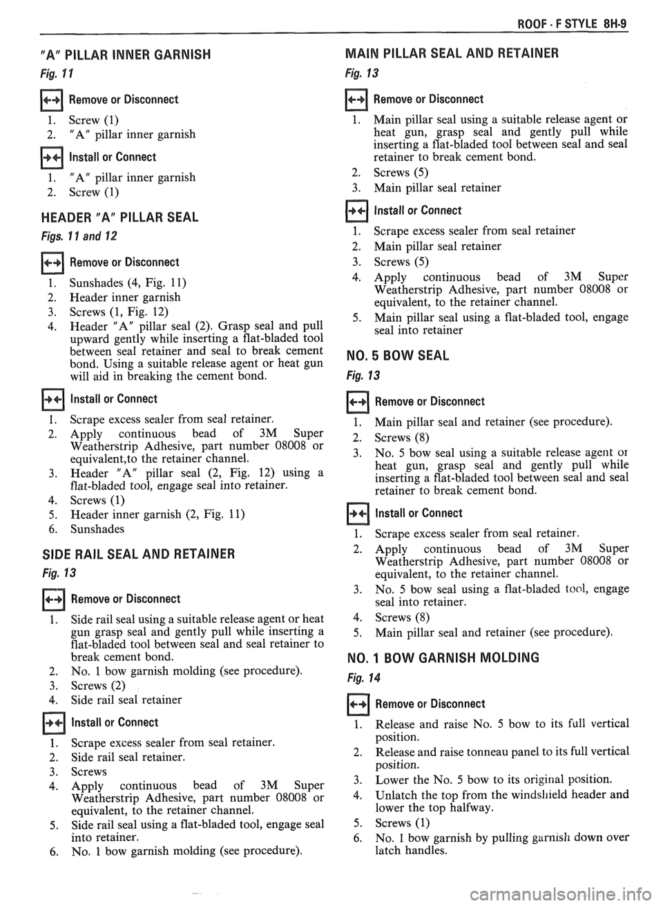 PONTIAC FIERO 1988 Service Repair Manual
ROOF - F STYLE 8H-9
"A" PILLAR INNER GARNISH
Fig. 1 Y
Remove or Disconnect
1. Screw (1)
2. "A" pillar inner garnish
Install or Connect
1. "A" pillar inner garnish
2. Screw
(1)
HEA PONTIAC FIERO 1988 Service Repair Manual
ROOF - F STYLE 8H-9
"A" PILLAR INNER GARNISH
Fig. 1 Y
Remove or Disconnect
1. Screw (1)
2. "A" pillar inner garnish
Install or Connect
1. "A" pillar inner garnish
2. Screw
(1)
HEA