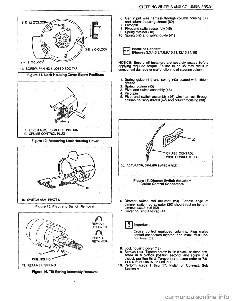 PONTIAC FIERO 1988  Service Repair Manual 
STEERING WHEELS AND COLUMNS 385-31 
Figure 11. Lock  Housing  Cover Screw  Positions 
F. LEVER ASM, TIS MULTIFUNCTION 
Figure 12. Removing  Lock Housing Cover 
6. Gently pull wire  harness  through  