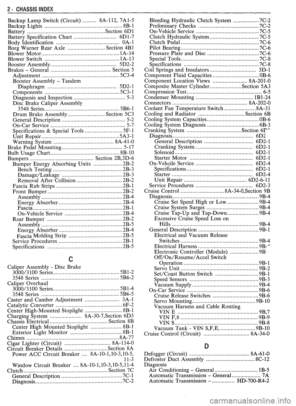 PONTIAC FIERO 1988  Service Repair Manual 
2 - CHASSIS INDEX 
Backup Lamp Switch (Circuit) .......... 8A- 1 12.  7A 1-5 
Backup  Lights 
..................................................... 8B-1 
.............................................