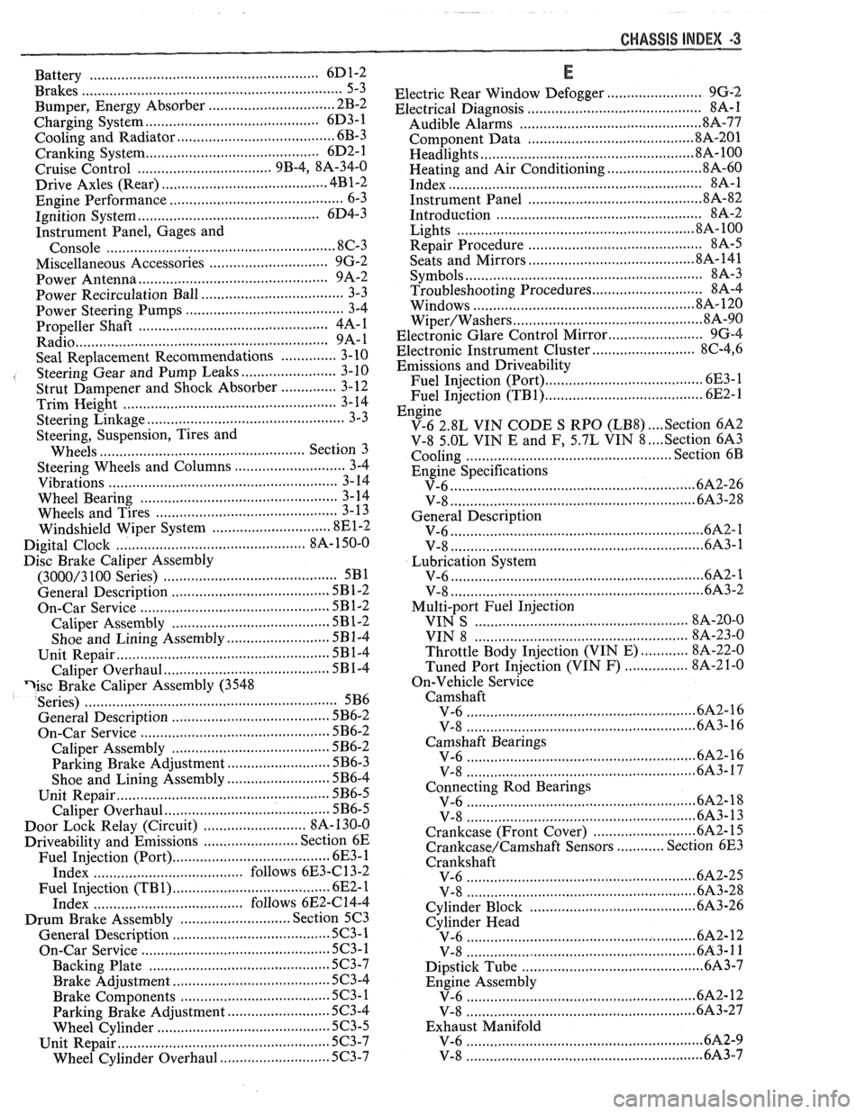 PONTIAC FIERO 1988  Service Repair Manual 
Battery .......................................................... 6D1-2 
Brakes 
.................................................................. 5-3 
................................ Bumper.  Ene