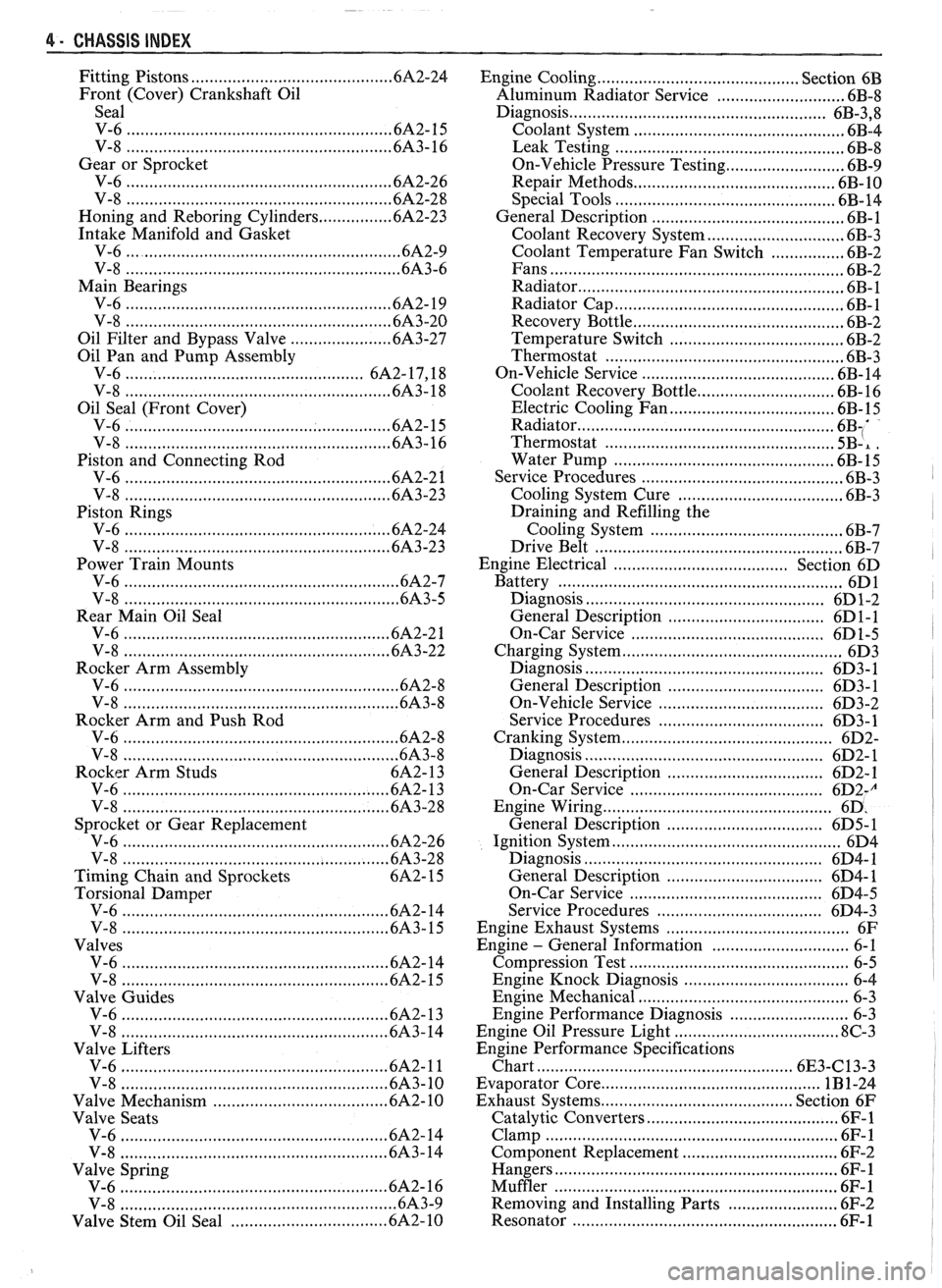 PONTIAC FIERO 1988  Service Repair Manual 
4 . CHASSIS INDEX 
Fitting Pistons ......................................... .6A 2.24 
Front  (Cover) Crankshaft  Oil 
Seal 
V-6 
......................................................... 6A2- 15 
V-