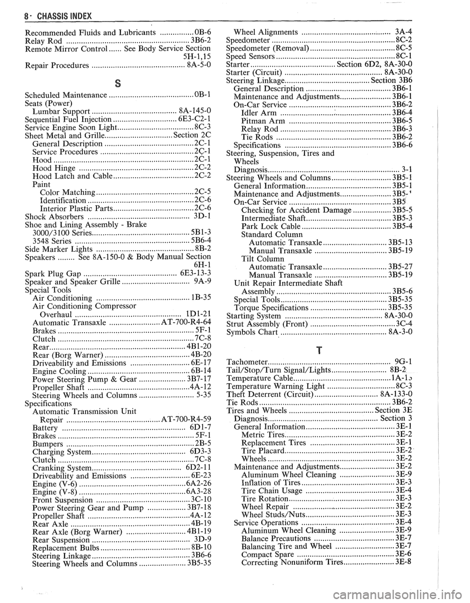 PONTIAC FIERO 1988  Service Repair Manual 
8- CHASSIS INDEX 
Recommended Fluids and Lubricants ................ OB-6 
Relay  Rod 
......................................................... 3B6-2 
Remote  Mirror Control 
...... See Body  Servic