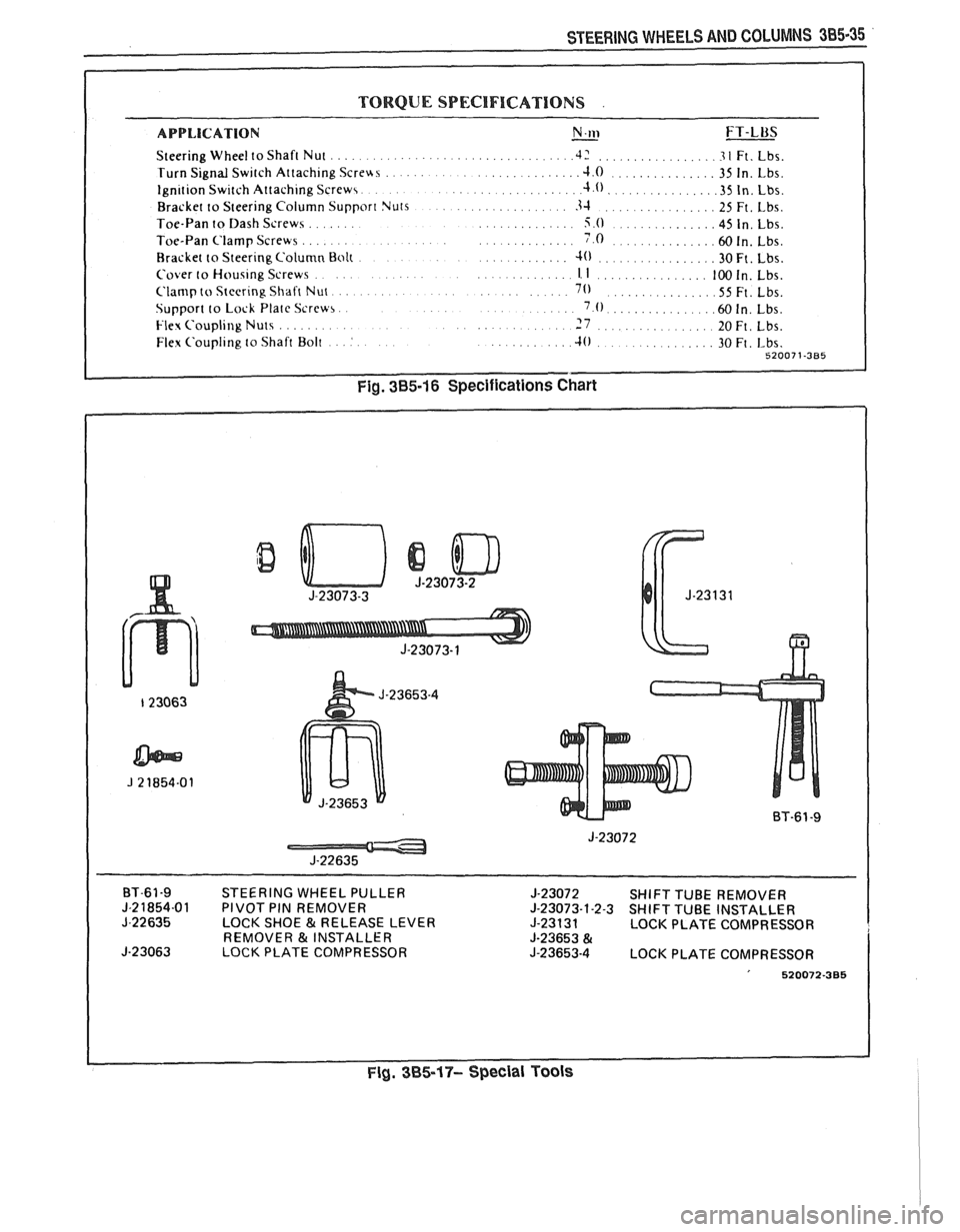 PONTIAC FIERO 1988  Service Repair Manual 
STEERING WHEELS AND COLUMNS 385.35 
TORQUE SPECIFICATIONS . 
APPLICATION N.w - FT-LUS 
Steering Wheel to Shaft  Nut .................................. .42 ................ .3 1 Ft. Lbs. 
Turn  Signal