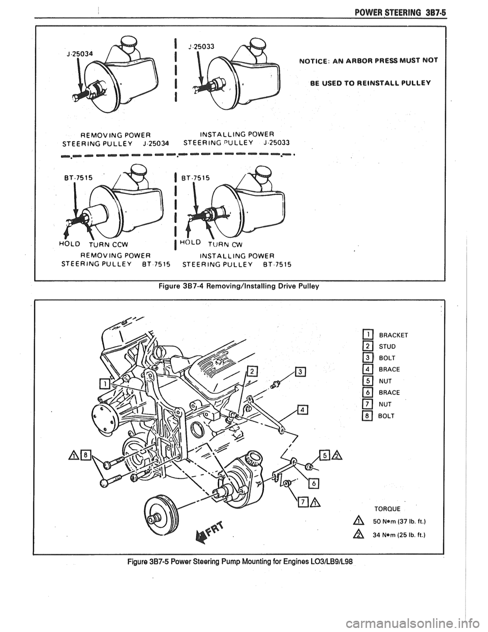PONTIAC FIERO 1988 Service Repair Manual
I POWER STEERING 387-5
NOTICE: AN ARBOR PRESS MUST NOT
BE USED TO REINSTALL PULLEY
REMOVING POWER INSTALLING POWER
STEERING PULLEY
J.25034 STEERING DULLEY J.25033
~,w~,~III.rw-Ilr-.-lll.l PONTIAC FIERO 1988 Service Repair Manual
I POWER STEERING 387-5
NOTICE: AN ARBOR PRESS MUST NOT
BE USED TO REINSTALL PULLEY
REMOVING POWER INSTALLING POWER
STEERING PULLEY
J.25034 STEERING DULLEY J.25033
~,w~,~III.rw-Ilr-.-lll.l