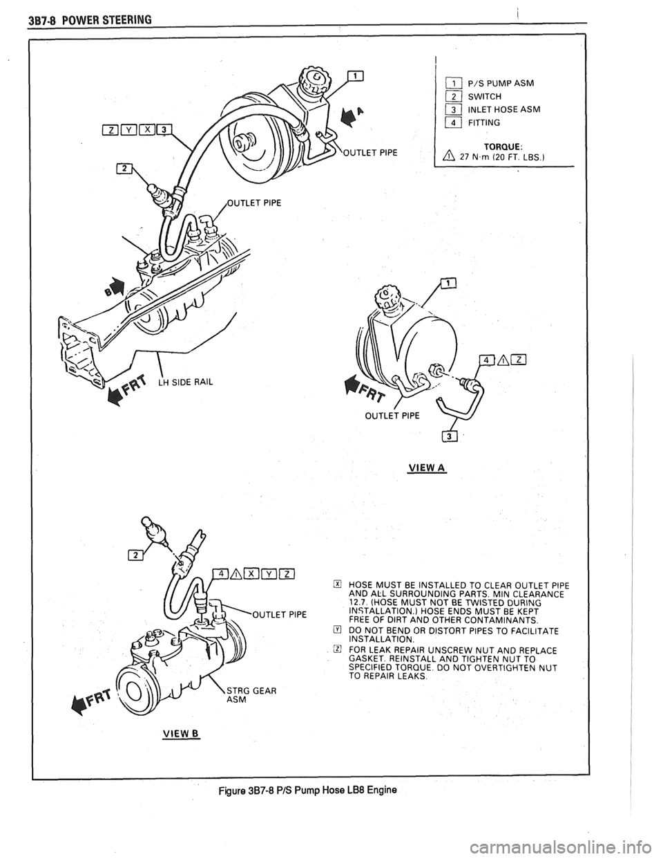 PONTIAC FIERO 1988 Service Repair Manual
3B7-8 POWER STEERING I
I
OUTLET PlPE
OUTLET PlPE
VlEW A
OUTLET PlPE HOSE
MUST BE INSTALLED TO CLEAR OUTLET PlPE
AND ALL SURROUNDING PARTS. MIN CLEARANCE
12.7 (HOSE MUST NOT BE TWIST PONTIAC FIERO 1988 Service Repair Manual
3B7-8 POWER STEERING I
I
OUTLET PlPE
OUTLET PlPE
VlEW A
OUTLET PlPE HOSE
MUST BE INSTALLED TO CLEAR OUTLET PlPE
AND ALL SURROUNDING PARTS. MIN CLEARANCE
12.7 (HOSE MUST NOT BE TWIST