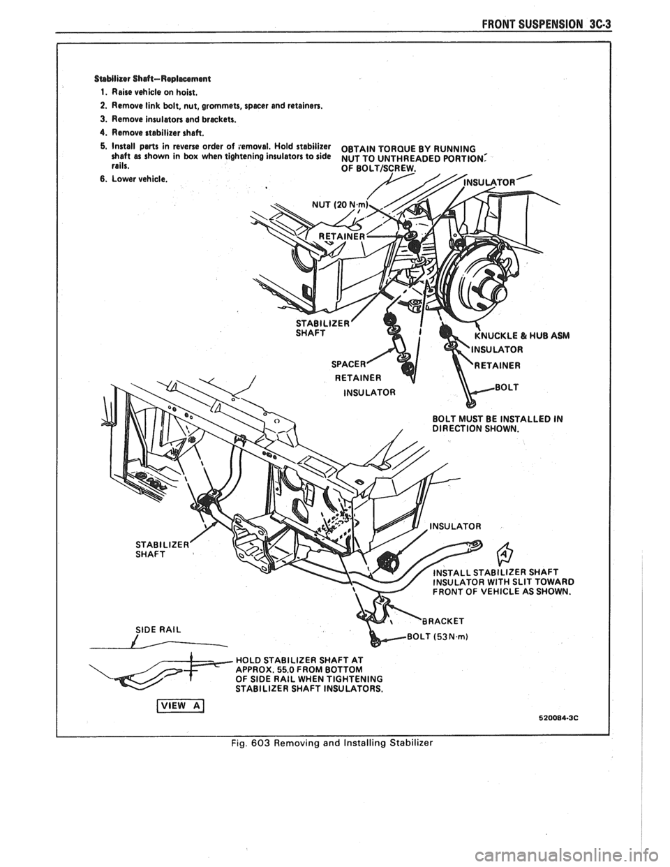 PONTIAC FIERO 1988 Service Repair Manual
FRONT SUSPENSION 3C3
SaMlizer Sh&-Replrcrmmt
1. Rehe vehicle on hoist.
2. Remove link bolt, nut, grommets, specer and retainers.
3. Remove insulators end breckets.
4. Remove stabilizer shaf PONTIAC FIERO 1988 Service Repair Manual
FRONT SUSPENSION 3C3
SaMlizer Sh&-Replrcrmmt
1. Rehe vehicle on hoist.
2. Remove link bolt, nut, grommets, specer and retainers.
3. Remove insulators end breckets.
4. Remove stabilizer shaf