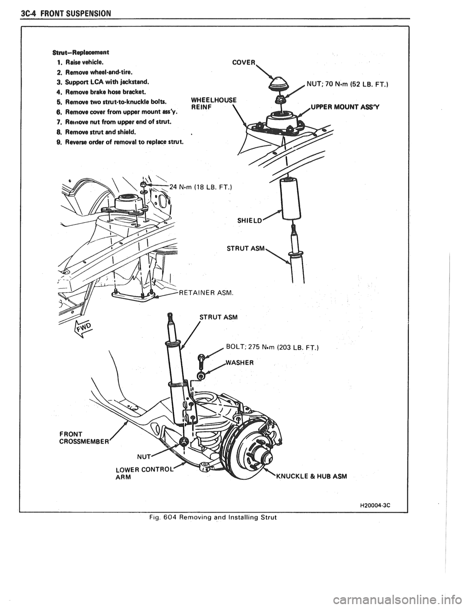 PONTIAC FIERO 1988 Service Repair Manual
3C-4 FRONT SUSPENSION
3. Support LCA with j~kdmd. NUT; 70 Nern (52 LB. FT.)
4.
Remove brake hw brscket.
5. Remove tnro drut-to-knuckle bolts.
6. Remove cover from upper mount wy. UPPER MOUNT PONTIAC FIERO 1988 Service Repair Manual
3C-4 FRONT SUSPENSION
3. Support LCA with j~kdmd. NUT; 70 Nern (52 LB. FT.)
4.
Remove brake hw brscket.
5. Remove tnro drut-to-knuckle bolts.
6. Remove cover from upper mount wy. UPPER MOUNT
