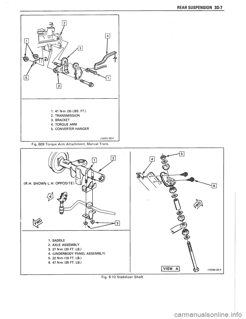 PONTIAC FIERO 1988  Service Repair Manual 
REAR SUSPENSION 3D-7 
1. 41 N-rn (30 LBS. FT.) 
2. TRANSMISSION 
3. BRACKET 
4. TORQUE ARM 
5. CONVERTER  HANGER 
Fig. 609 Torque Arm Attachment,  Manual Trans.   