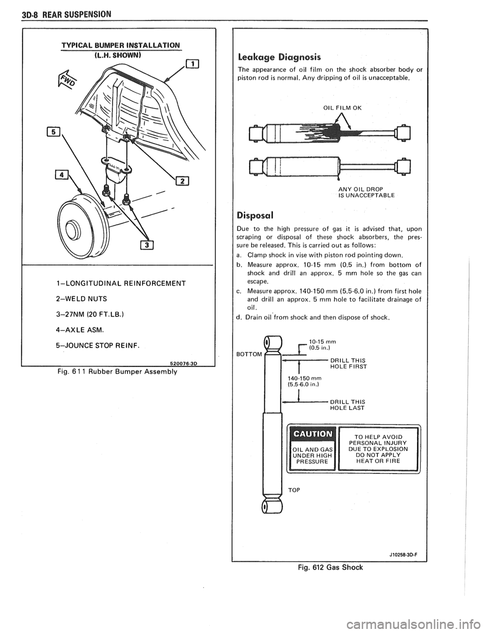 PONTIAC FIERO 1988  Service Repair Manual 
3D-8 REAR SUSPENSION 
TYPICAL BUMPER INSTALLATION 
1-LONGITUDINAL REINFORCEMENT 
2-WELD  NUTS 
3-27NM  (20 
FT.LB.1 
4-AXLE ASM. 
5-JOUNCE  STOP REINF. 
Fig. 6 1 1 Rubber  Bumper  Assembly 
Leakage D
