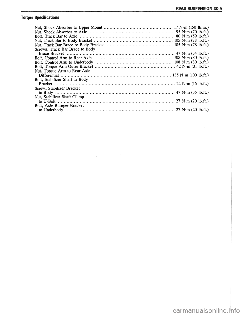 PONTIAC FIERO 1988  Service Repair Manual 
REAR SUSPENSION 3D-9 
"Torque Specifications 
................................................ Nut. Shock  Absorber  to Upper  Mount 17 N.m (150 1b.in.) 
.............................................