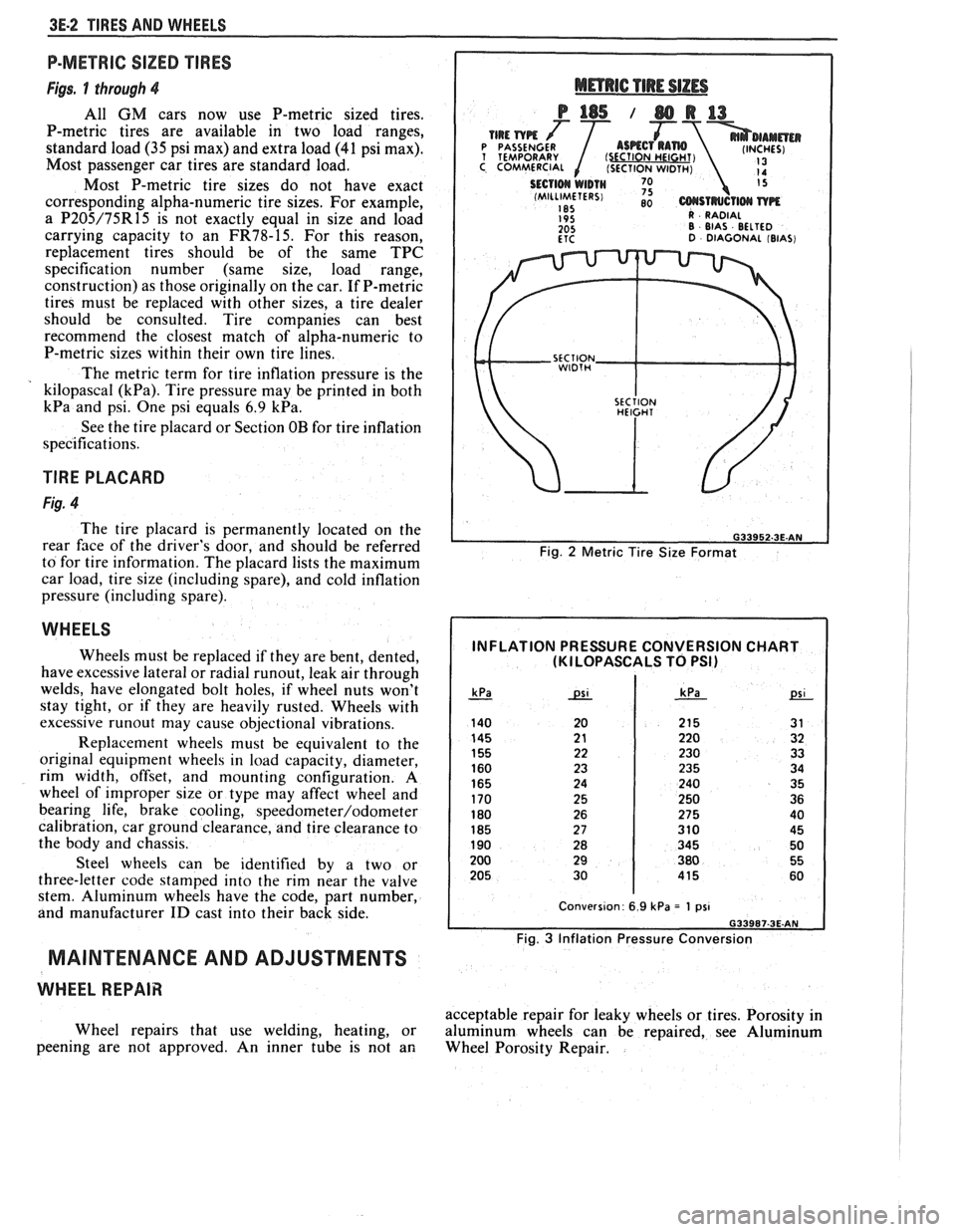 PONTIAC FIERO 1988 Service Repair Manual
3E.2 TIRES AND WHEELS
P-METRIC SIZED TIRES
Figs. 1 through 4
All GM cars now use P-metric sized tires.
P-metric tires are available in two load ranges,
standard load
(35 psi max) and e PONTIAC FIERO 1988 Service Repair Manual
3E.2 TIRES AND WHEELS
P-METRIC SIZED TIRES
Figs. 1 through 4
All GM cars now use P-metric sized tires.
P-metric tires are available in two load ranges,
standard load
(35 psi max) and e
