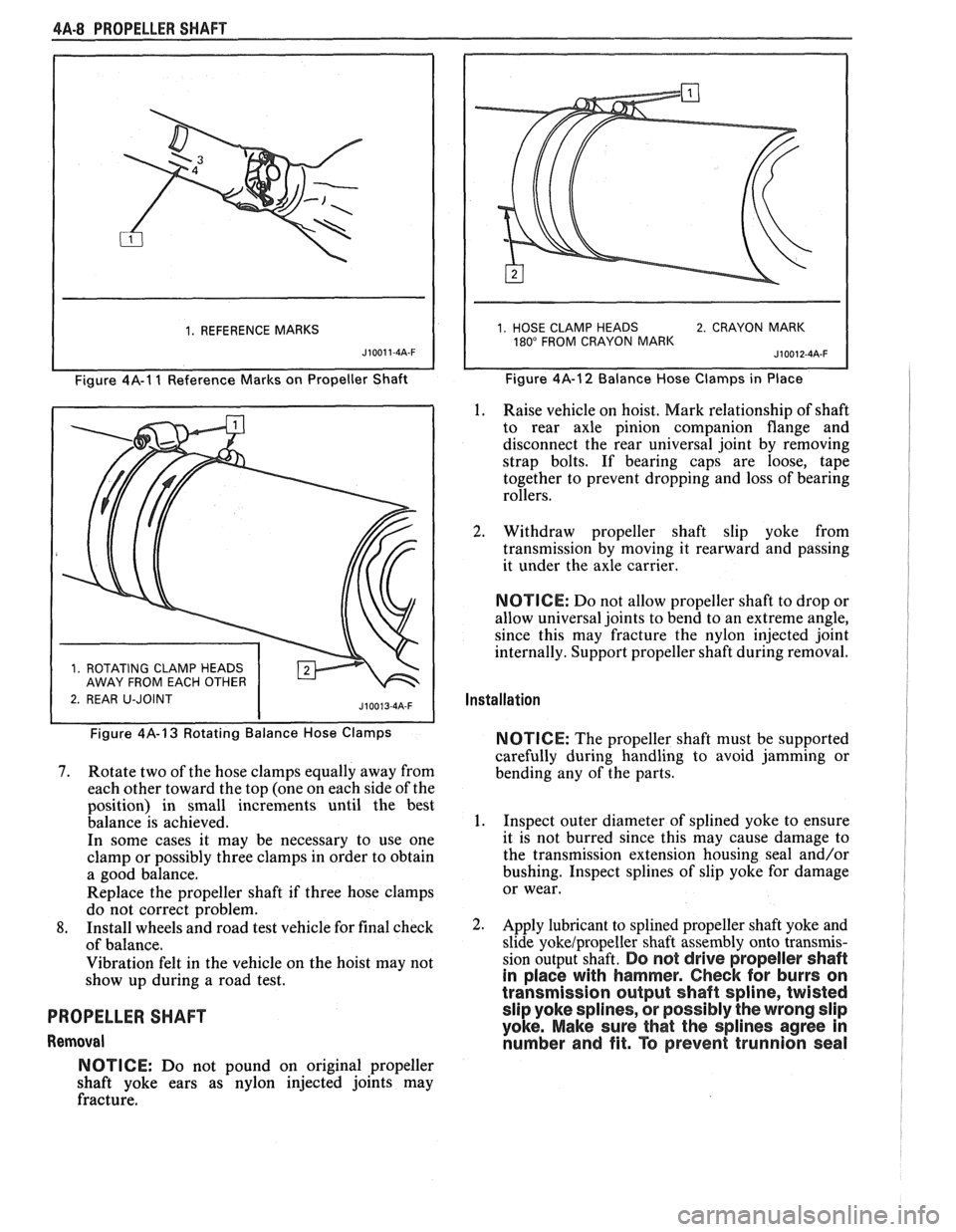 PONTIAC FIERO 1988 Service Repair Manual
4A-8 PROPELLER SHAFT
1. REFERENCE MARKS
J10011-4A-F
Figure 4A-1 1 Reference Marks on Propeller Shaft
1 2. REAR U-JOINT
1. HOSE CLAMP HEADS 2. CRAYON MARK 180" FROM CRAYON MARK
Figure 4A-1 PONTIAC FIERO 1988 Service Repair Manual
4A-8 PROPELLER SHAFT
1. REFERENCE MARKS
J10011-4A-F
Figure 4A-1 1 Reference Marks on Propeller Shaft
1 2. REAR U-JOINT
1. HOSE CLAMP HEADS 2. CRAYON MARK 180" FROM CRAYON MARK
Figure 4A-1