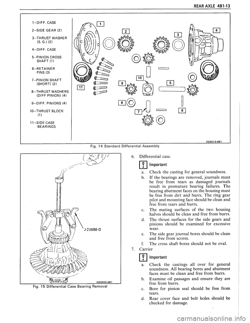 PONTIAC FIERO 1988 Service Repair Manual
REAR AXLE 4B1-13
1-DIFF. CASE
2-SIDE GEAR
(2)
3-THRUST WASHER (S. G.) (2)
4-DIFF. CASE
5-PINION CROSS
SHAFT
(1)
6-RETAINER PINS (3)
7-PINION SHAFT
(SHORT) (2)
8-THRUST WASHERS (DIFF PONTIAC FIERO 1988 Service Repair Manual
REAR AXLE 4B1-13
1-DIFF. CASE
2-SIDE GEAR
(2)
3-THRUST WASHER (S. G.) (2)
4-DIFF. CASE
5-PINION CROSS
SHAFT
(1)
6-RETAINER PINS (3)
7-PINION SHAFT
(SHORT) (2)
8-THRUST WASHERS (DIFF