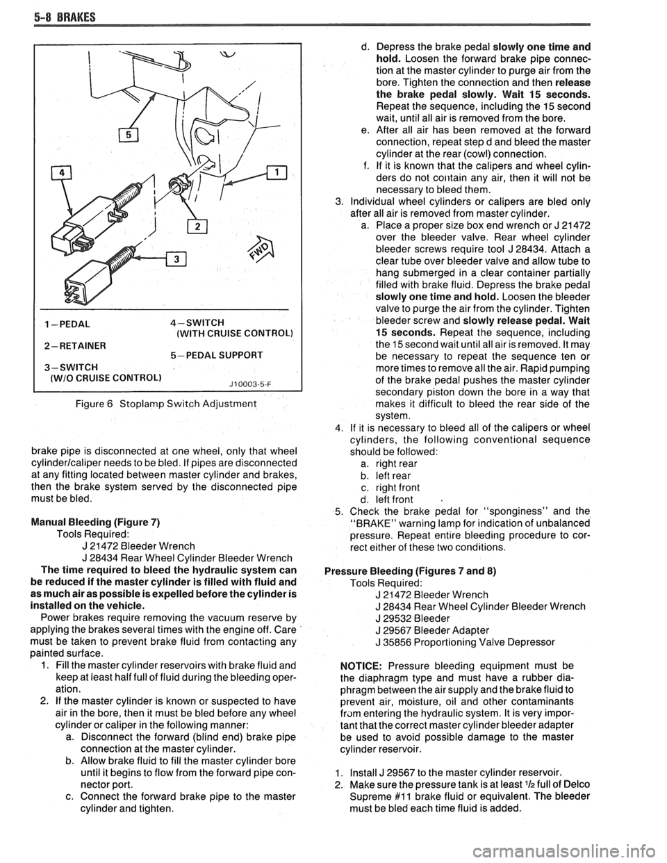 PONTIAC FIERO 1988 Service Repair Manual
5-8 BRAKES
1 -PEDAL 4-SWITCH
(WITH CRUISE CONTROL)
2- RETAINER
5-PEDAL SUPPORT
3-SWITCH
I lWlO CRUISE CONTROLl J10003-5-F
Figure 6 Stoplamp Switch Adjustment
brake pipe is disconnected a PONTIAC FIERO 1988 Service Repair Manual
5-8 BRAKES
1 -PEDAL 4-SWITCH
(WITH CRUISE CONTROL)
2- RETAINER
5-PEDAL SUPPORT
3-SWITCH
I lWlO CRUISE CONTROLl J10003-5-F
Figure 6 Stoplamp Switch Adjustment
brake pipe is disconnected a