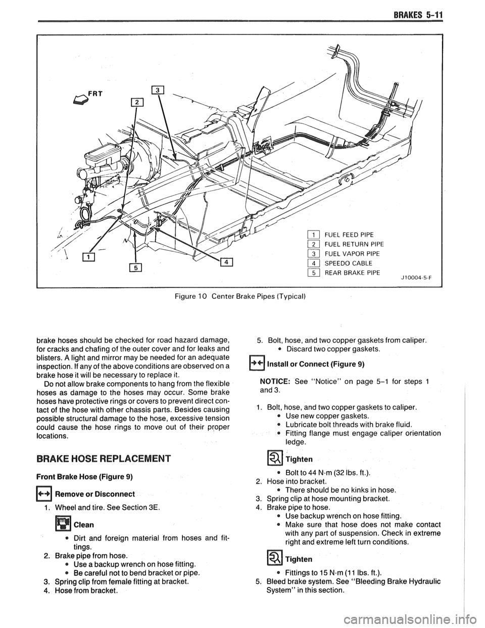 PONTIAC FIERO 1988  Service Repair Manual 
BRAKES 5-11 
Figure 10 Center Brake Pipes (Typical) 
brake  hoses  should be checked  for road hazard damage, 
for  cracks and chafing of the outer cover and  for leaks and 
blisters. 
A light and mi