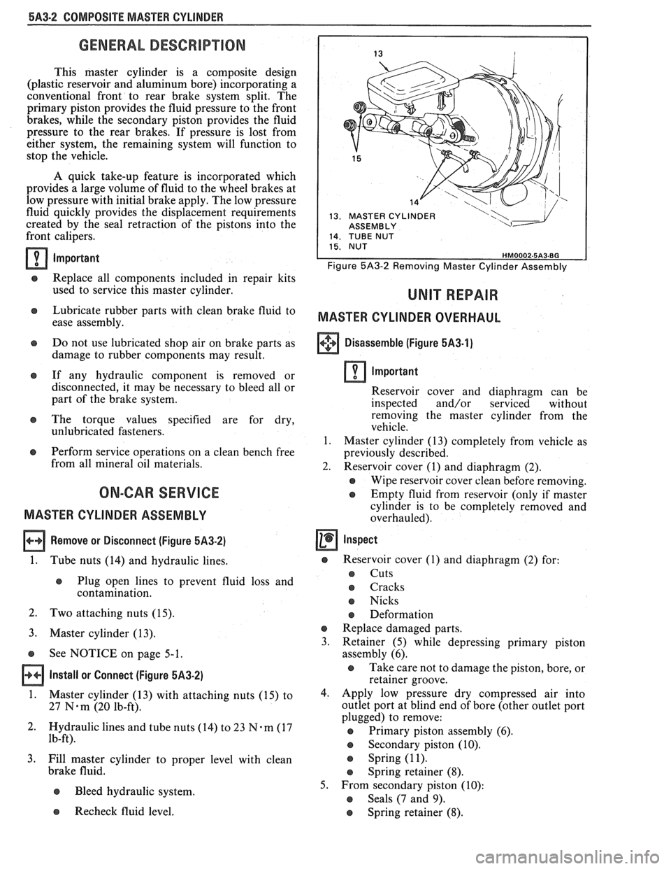 PONTIAC FIERO 1988 Service Repair Manual
5A3-2 COMPOSlf E MASTER CYLINDER
GENERAL DESCRIPTION
This master cylinder is a composite design
(plastic reservoir and aluminum bore) incorporating
a
conventional front to rear brake sy PONTIAC FIERO 1988 Service Repair Manual
5A3-2 COMPOSlf E MASTER CYLINDER
GENERAL DESCRIPTION
This master cylinder is a composite design
(plastic reservoir and aluminum bore) incorporating
a
conventional front to rear brake sy