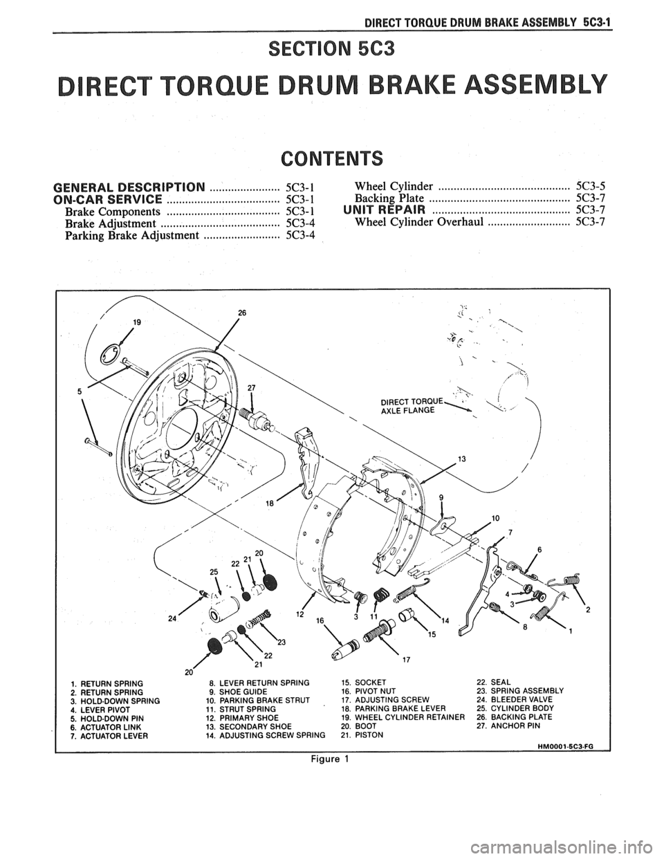 PONTIAC FIERO 1988  Service Repair Manual 
DIRECT TORQUE DRUM BRAKE  ASSEMBLY 5C3-1 
SECTION 5C3 
RECT TORQUE DRUM BRAKE ASSEMBLY 
CONTENTS 
GENERAL  DESCRIPTION ....................... 5C3-1 Wheel Cylinder ...................................