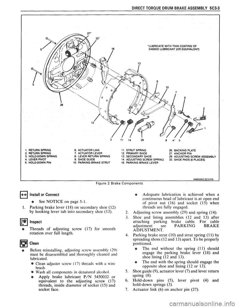 PONTIAC FIERO 1988 Service Repair Manual
DIRECT TORQUE DRUM BRAKE ASSEMBLY 5C3-3
1. RETURN SPRING 6. ACTUATOR LINK 11. STRUT SPRING 26. BACKING PLATE 2. RETURN SPRING 7. ACTUATOR LEVER 12. PRIMARY SHOE 27. ANCHOR PIN 3. HOLD-DOWN SPRI PONTIAC FIERO 1988 Service Repair Manual
DIRECT TORQUE DRUM BRAKE ASSEMBLY 5C3-3
1. RETURN SPRING 6. ACTUATOR LINK 11. STRUT SPRING 26. BACKING PLATE 2. RETURN SPRING 7. ACTUATOR LEVER 12. PRIMARY SHOE 27. ANCHOR PIN 3. HOLD-DOWN SPRI