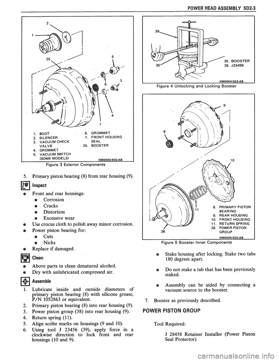 PONTIAC FIERO 1988 Service Repair Manual
POWER HEAD ASSEMBLY 5D2-3
1. BOOT 6. GROMMET 2. SILENCER 7. FRONT HOUSING 3. VACUUM CHECK SEAL VALVE 35. BOOSTER
Figure 3 Exterior Components
5. Primary piston bearing (8) from rear housing (9). PONTIAC FIERO 1988 Service Repair Manual
POWER HEAD ASSEMBLY 5D2-3
1. BOOT 6. GROMMET 2. SILENCER 7. FRONT HOUSING 3. VACUUM CHECK SEAL VALVE 35. BOOSTER
Figure 3 Exterior Components
5. Primary piston bearing (8) from rear housing (9).