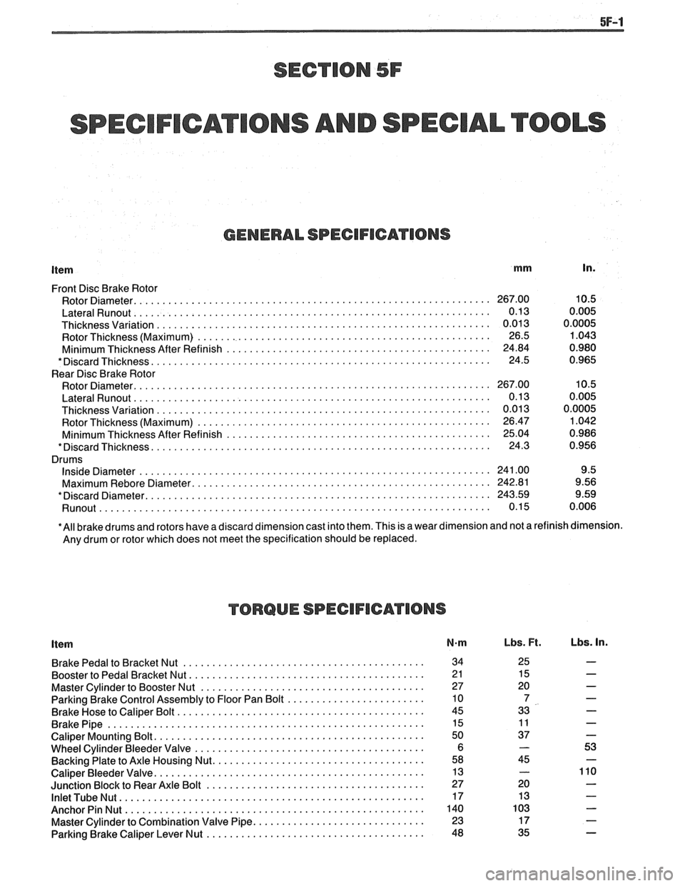 PONTIAC FIERO 1988  Service Repair Manual 
SPECIFICATIONS AND SPECIAL TOOLS 
GENERAL SPECIFICATIONS 
Item mm In. 
Front Disc Brake Rotor 
Rotor  Diameter. 
............................................................. 267.00  10.5 
LateralRun