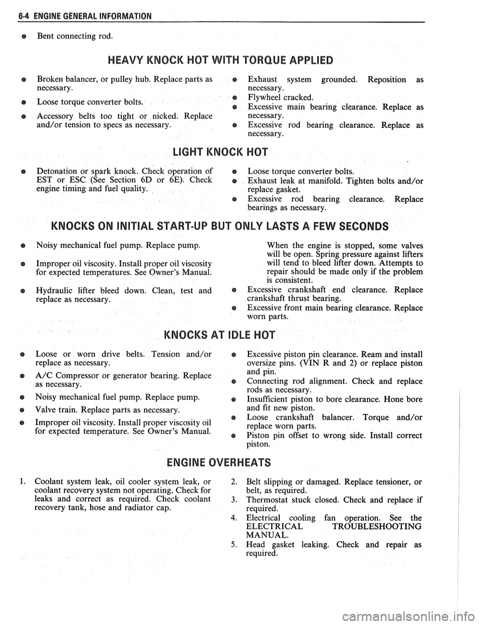 PONTIAC FIERO 1988  Service Repair Manual 
6-4 ENGINE GENERAL  INFORMATION 
Bent connecting  rod. 
HEAVY KNOCK H0"FVVI"F TORQUE APPLIED 
Broken balancer,  or pulley  hub. Replace parts  as e Exhaust system grounded.  Reposition  as 
necessary