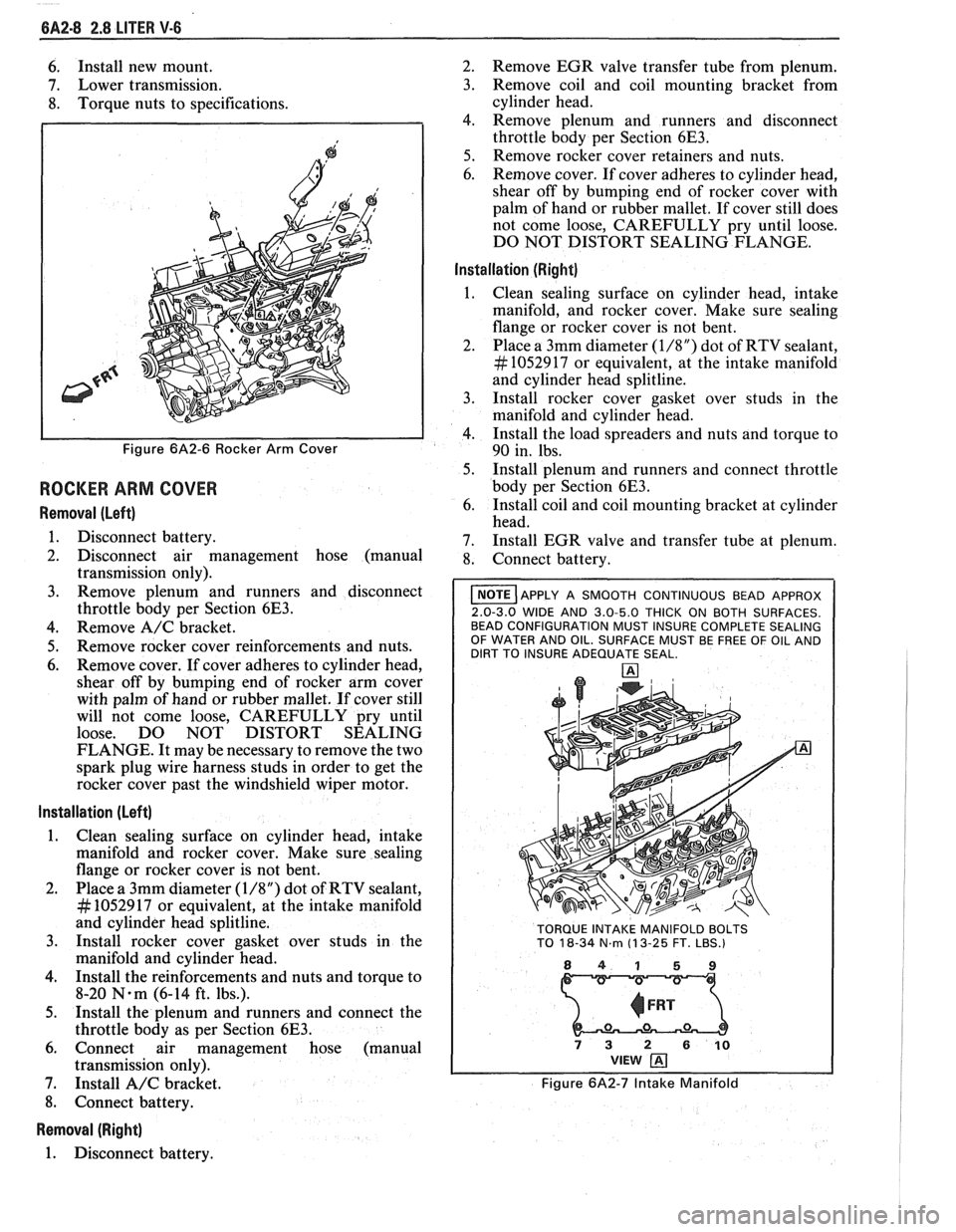 PONTIAC FIERO 1988  Service Repair Manual 
6A2-8 2.8 LITER V-6 
6. Install  new mount. 
7.  Lower  transmission. 
8.  Torque nuts  to specifications. 
Figure 6A2-6 Rocker Arm Cover 
ROCKER  ARM COVER 
Removal  (Left) 
1. Disconnect  battery. 
