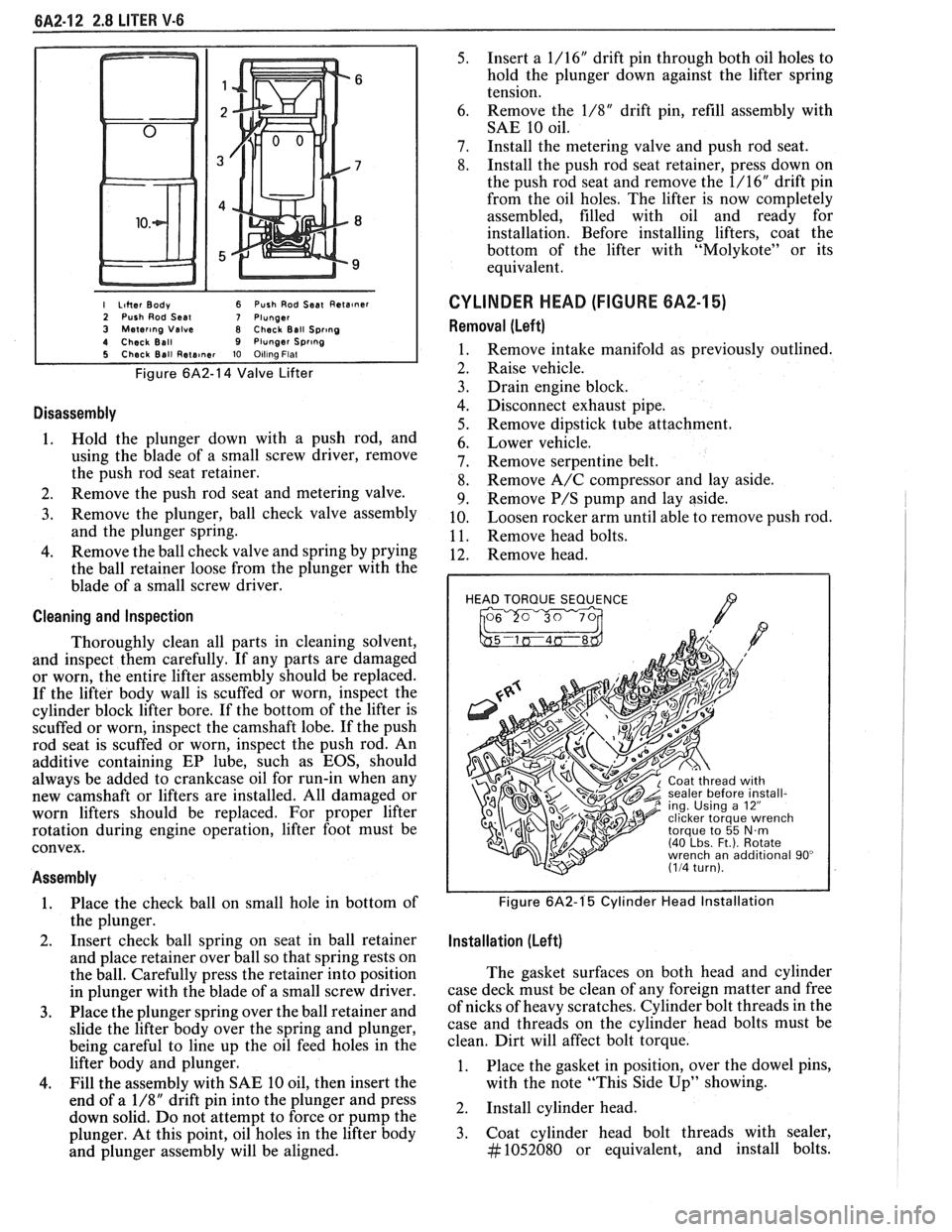 PONTIAC FIERO 1988 Service Repair Manual
I Liher Body 6 Push Rod Seat Reta~ner 2 Push Rod Seal 7 Plunger 3 Mater~ng Valve 8 Check Ball Spr~ng 4 Check Ball 9 Plunger Spr~ng 5 Check Ball Rete~ner 10 Olllna Flat
Figure 6A2-14 Valve Lifter PONTIAC FIERO 1988 Service Repair Manual
I Liher Body 6 Push Rod Seat Reta~ner 2 Push Rod Seal 7 Plunger 3 Mater~ng Valve 8 Check Ball Spr~ng 4 Check Ball 9 Plunger Spr~ng 5 Check Ball Rete~ner 10 Olllna Flat
Figure 6A2-14 Valve Lifter