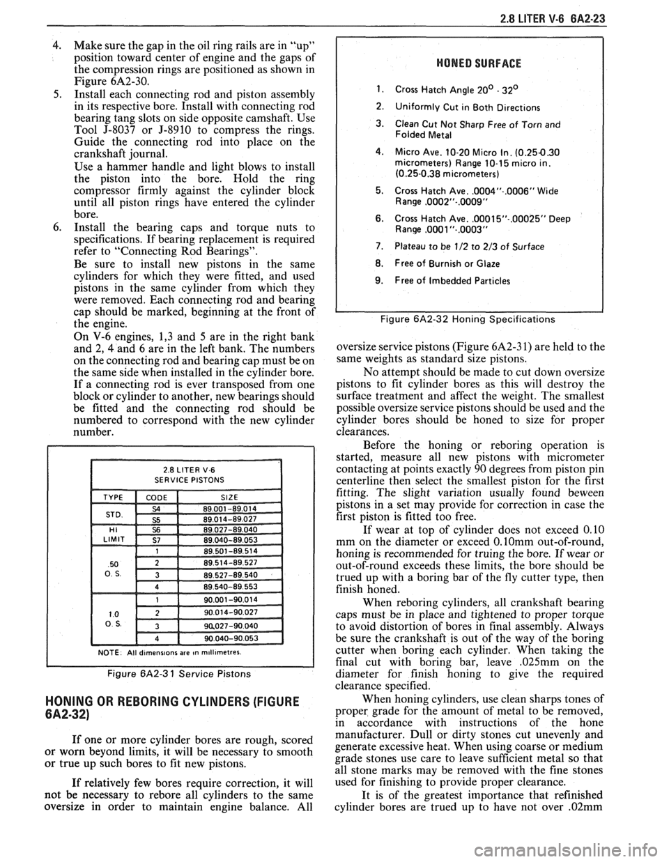 PONTIAC FIERO 1988  Service Repair Manual 
2.8 LITER V-6 8A2-23 
4. Make sure the gap  in the  oil ring rails  are in "up" 
position  toward  center  of engine  and the gaps  of 
the  compression rings  are positioned  as shown in 
Figure 
6A