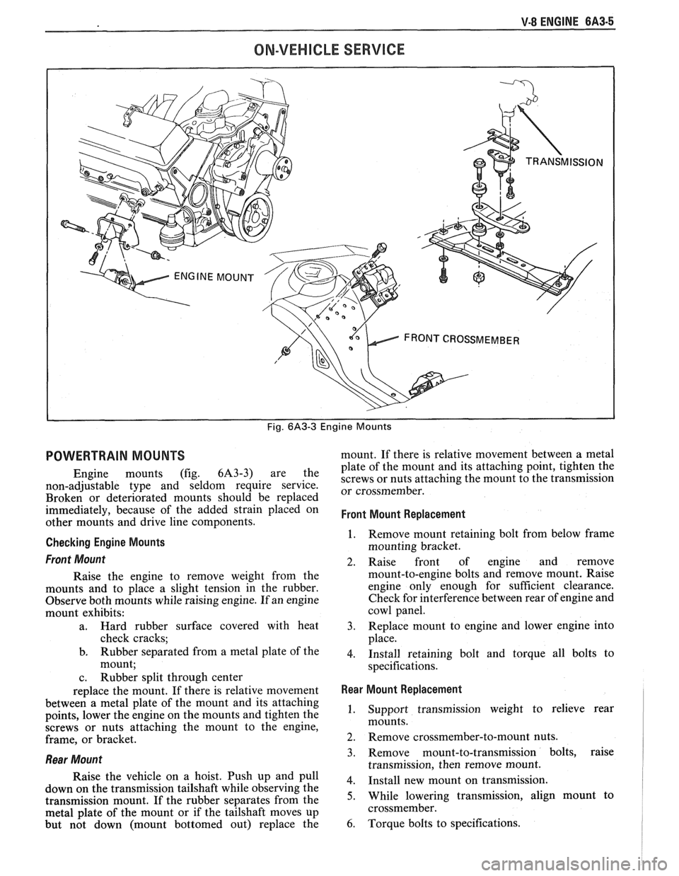 PONTIAC FIERO 1988  Service Repair Manual 
V-8 ENGINE BA3-5 
ON-VEHICLE SERVICE 
Fig. 6A3-3 Engine Mounts 
POWERTRAIN MOUNTS 
Engine  mounts  (fig. 6A3-3) are the 
non-adjustable type and seldom  require service. 
Broken  or deteriorated  mou