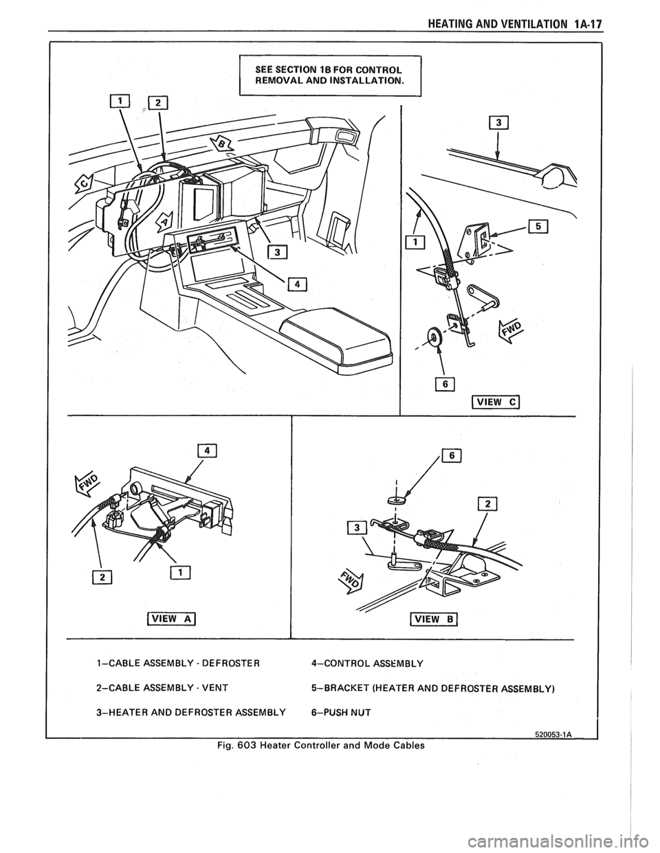 PONTIAC FIERO 1988  Service Owners Guide 
HEATING AND VENTILATION 1A-17 
REMOVAL  AND INSTALLATION. 
1-CABLE  ASSEMBLY - DEFROSTER 
4-CONTRO L ASSEMBLY 
2-CABLE  ASSEMBLY 
- VENT  5-BRACKET  (HEATER 
AND DEFROSTER ASSEMBLY) 
3-HEATER  AND DE