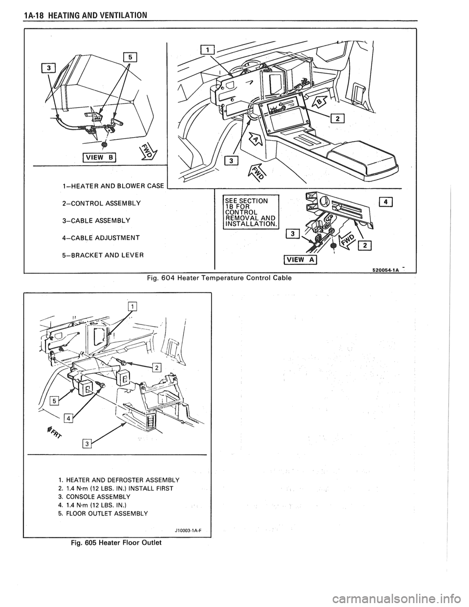 PONTIAC FIERO 1988  Service Service Manual 
!A-18 HEATING AND VENTILATION 
2-CONTROL  ASSEMBLY  
3-CABLE  ASSEMBLY 
4-CABLE  ADJUSTMENT 
Fig. 604 Heater Temperature  Control Cable 
1.  HEATER  AND DEFROSTER  ASSEMBLY 
2.  1.4 
N.rn (12  LBS.  