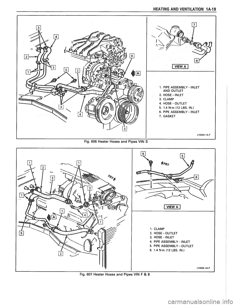 PONTIAC FIERO 1988  Service Service Manual 
HEATING AND  VENTILATION 1A-19 
1.  PlPE ASSEMBLY - INLET 
AND  OUTLET 
2.  HOSE 
- INLET 
3. CLAMP 
4. HOSE  -OUTLET 
5. 1.4 N.rn (12 LBS. IN.) 
6. PlPE ASSEMBLY - INLET 
7. GASKET 
Fig. 606  Heater
